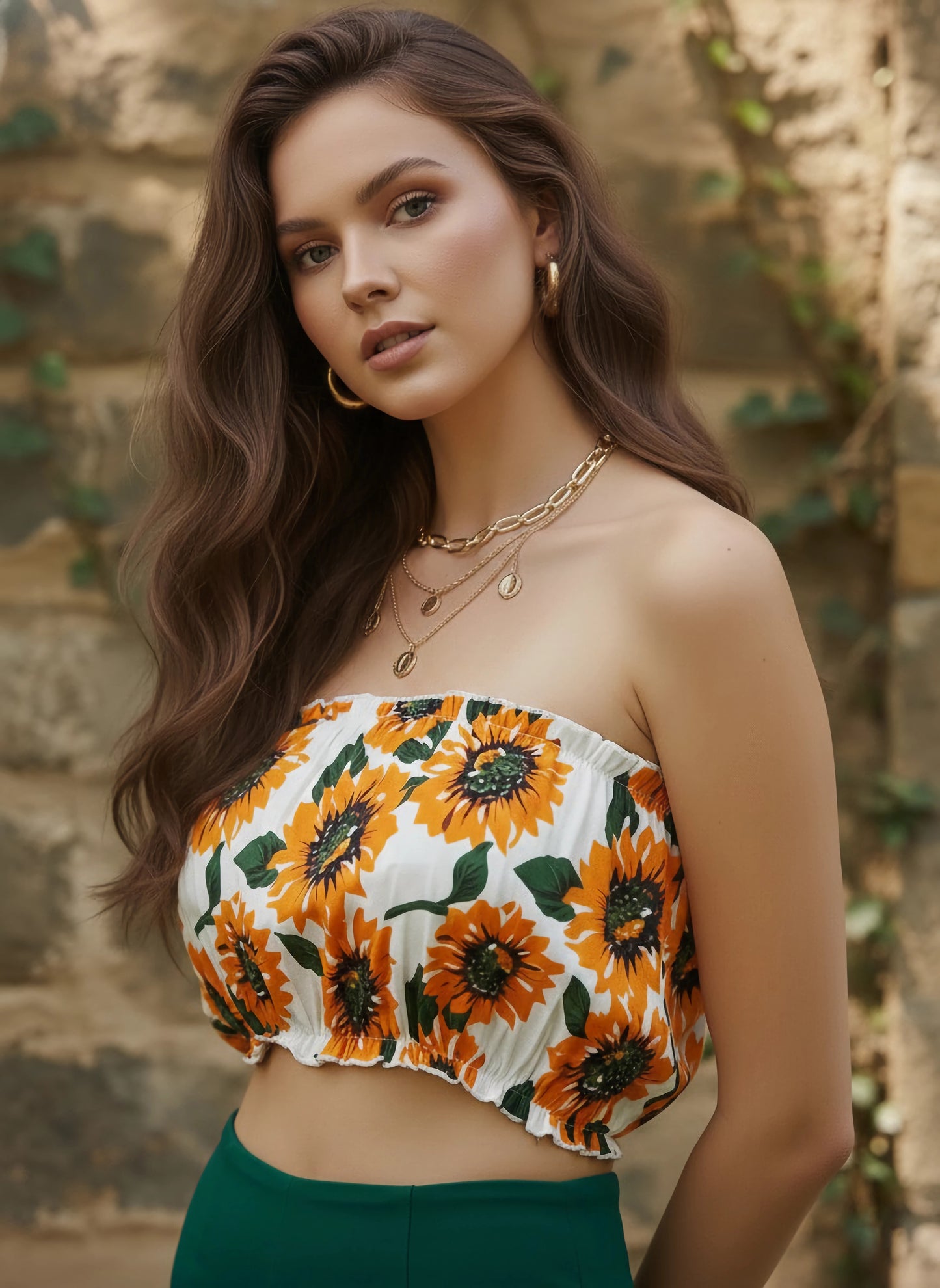 Berrylush Women Mustard Floral Printed Bandeau Ruffled Crop Top
