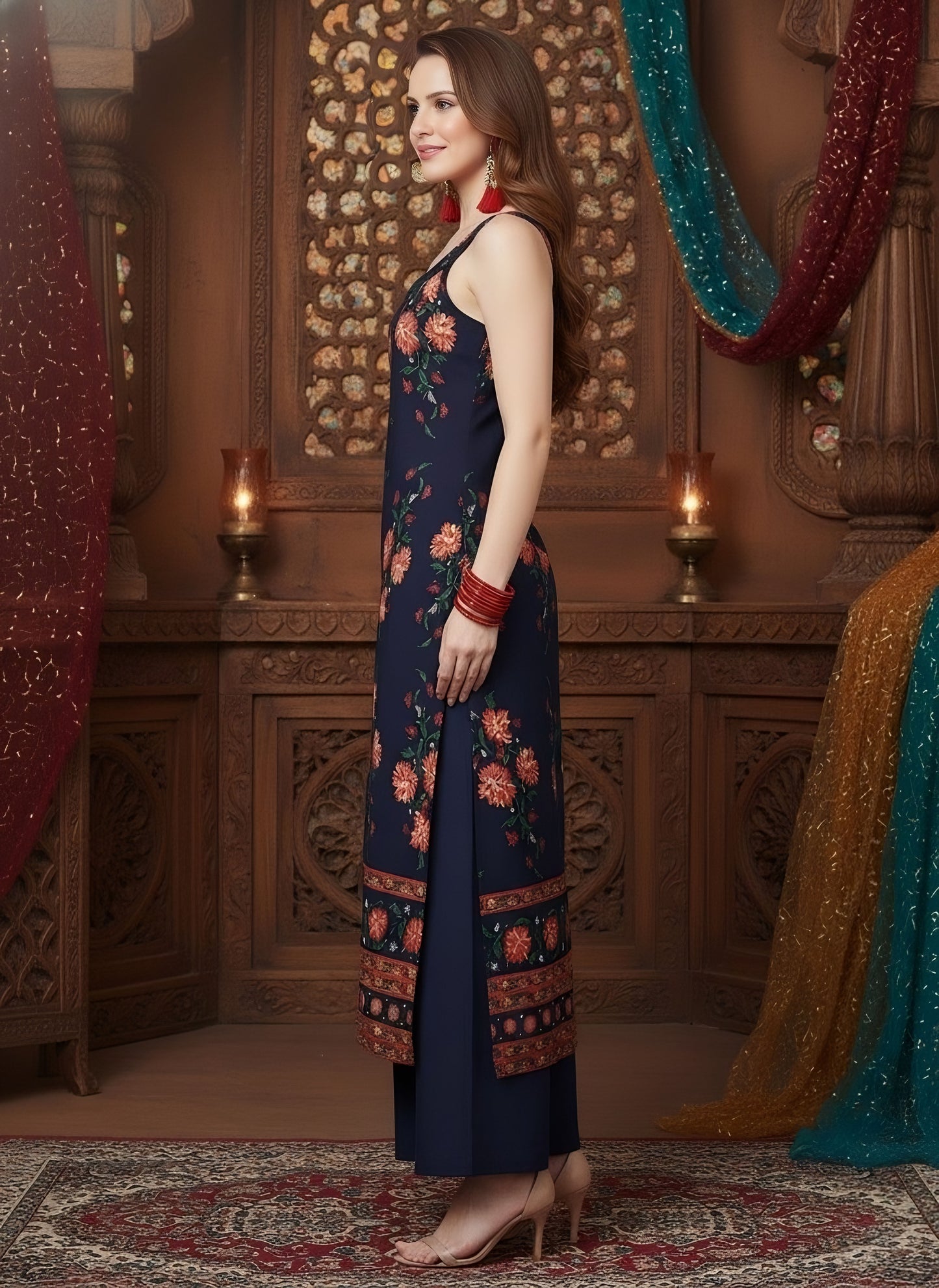 Berrylush Women Navy Blue & Orange Floral Printed Scoop-Neck Side-Slit Straight Kurta