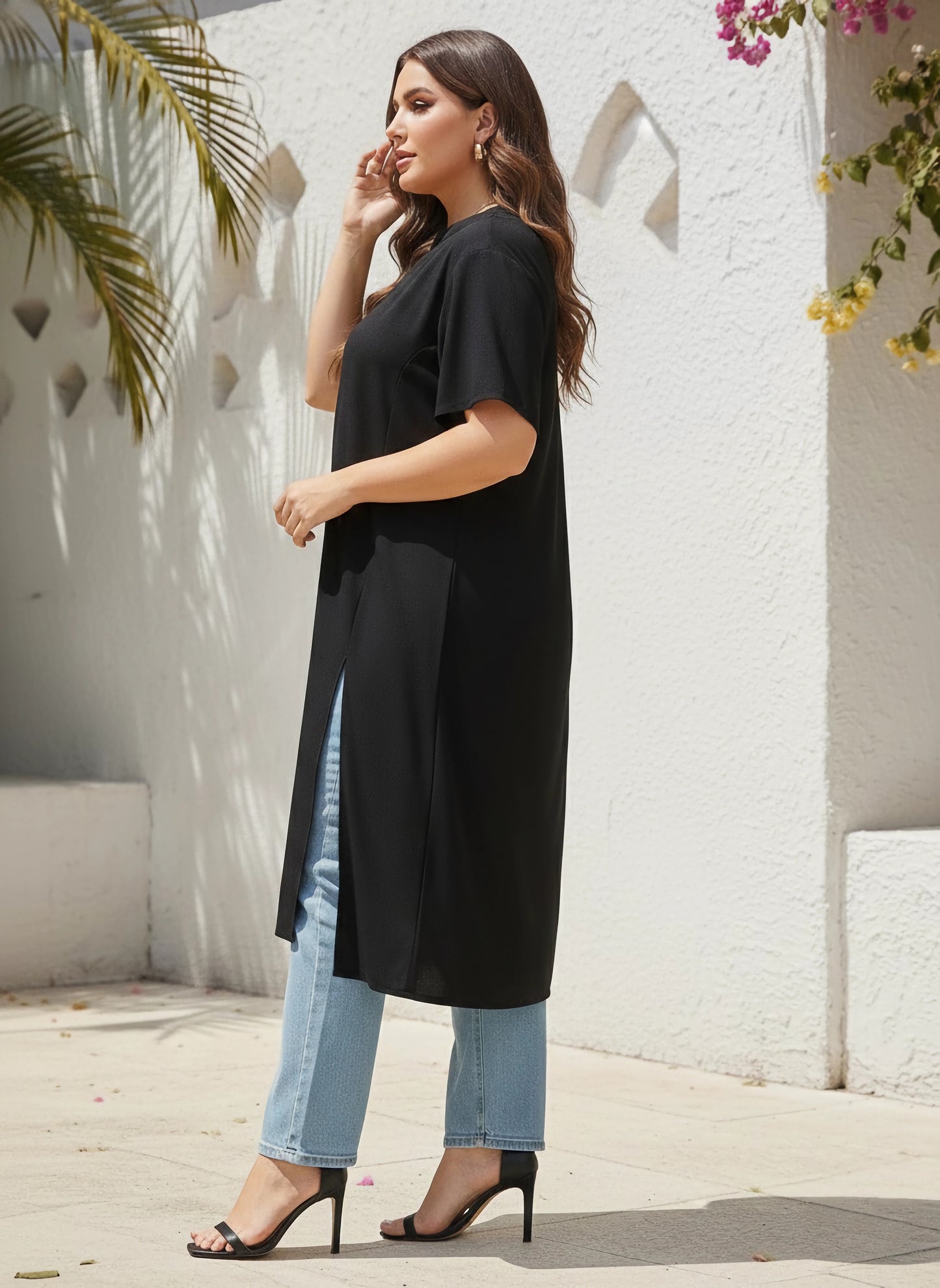 Curve Solid Black Stand Collar Neck Button-Up Side-Slited Logline Top