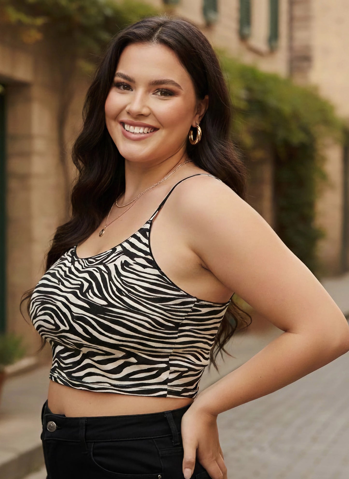 Curve Zebra Striped Lettuce Trim Crop Cami Top