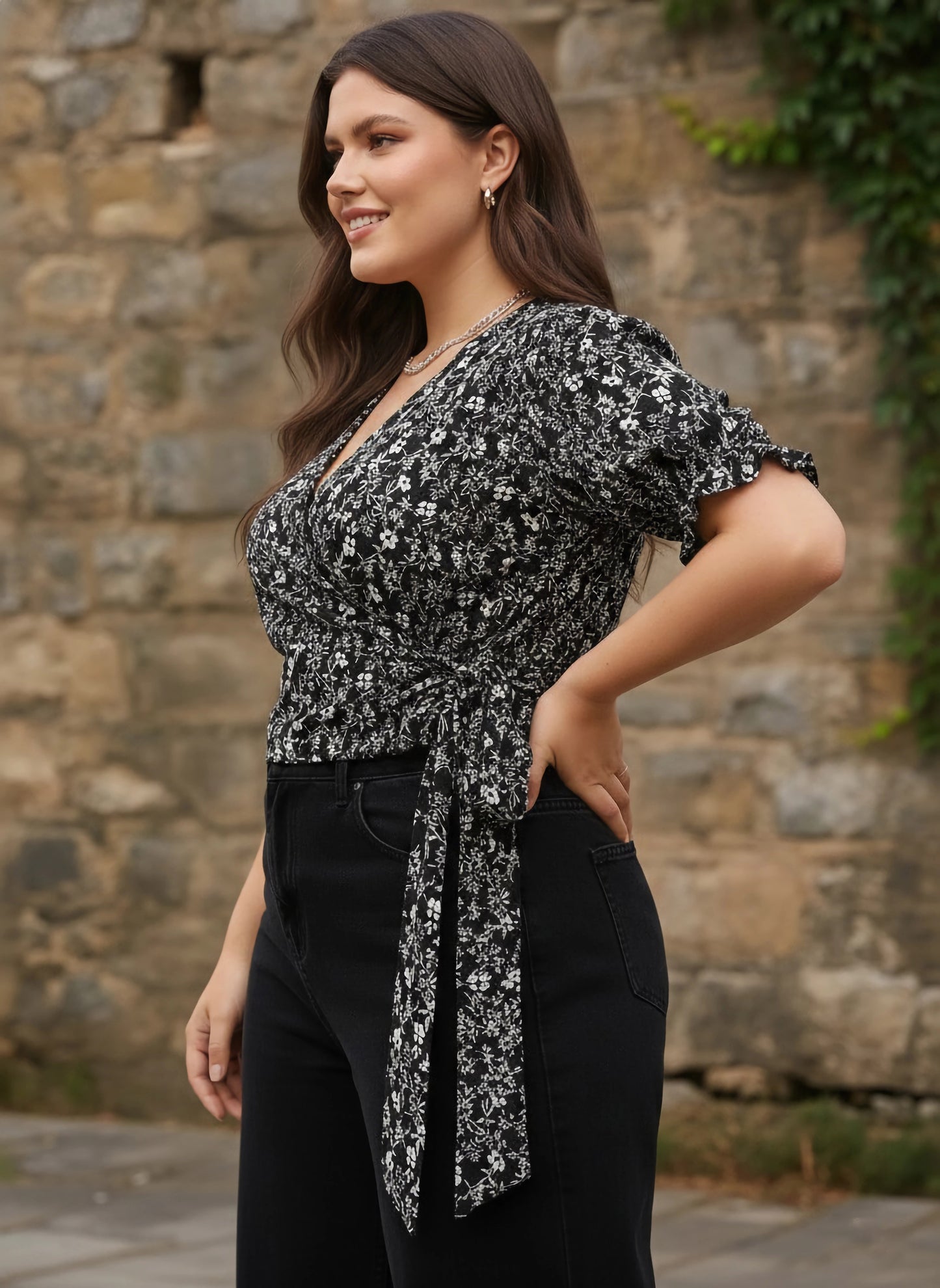 Berrylush Women Plus Size Black & White Floral Printed V-Neck Waist Tie-Up Crepe Wrap Regular Top