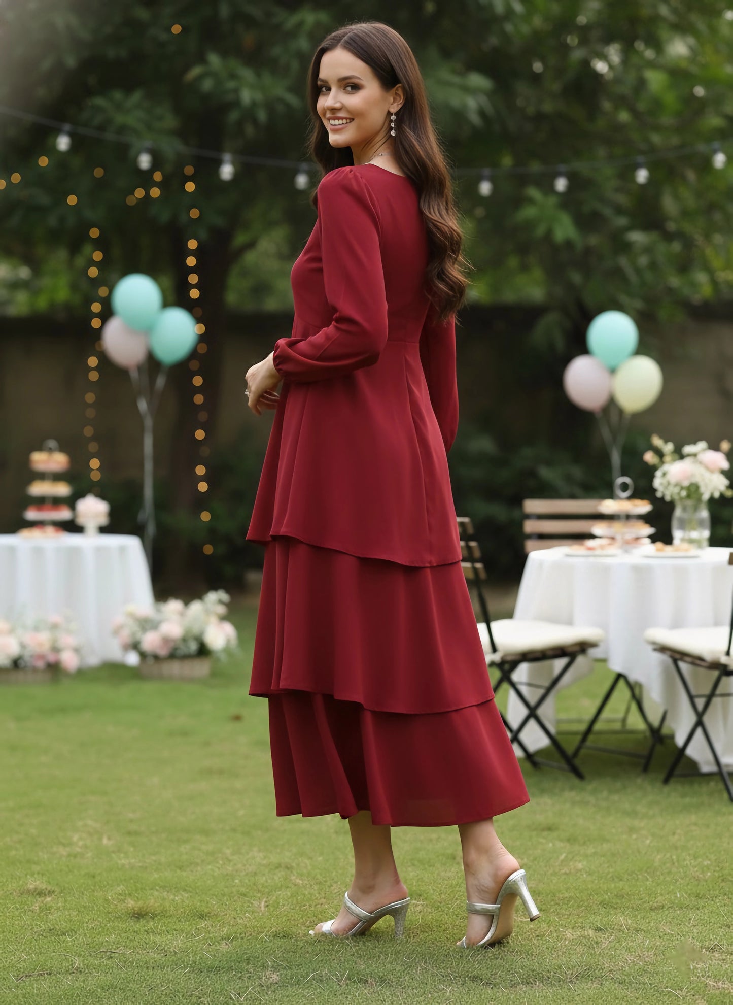 Women Solid Red Sweetheart Neck Puff Sleeve Flounce Tiered A-Line Maxi Dress 