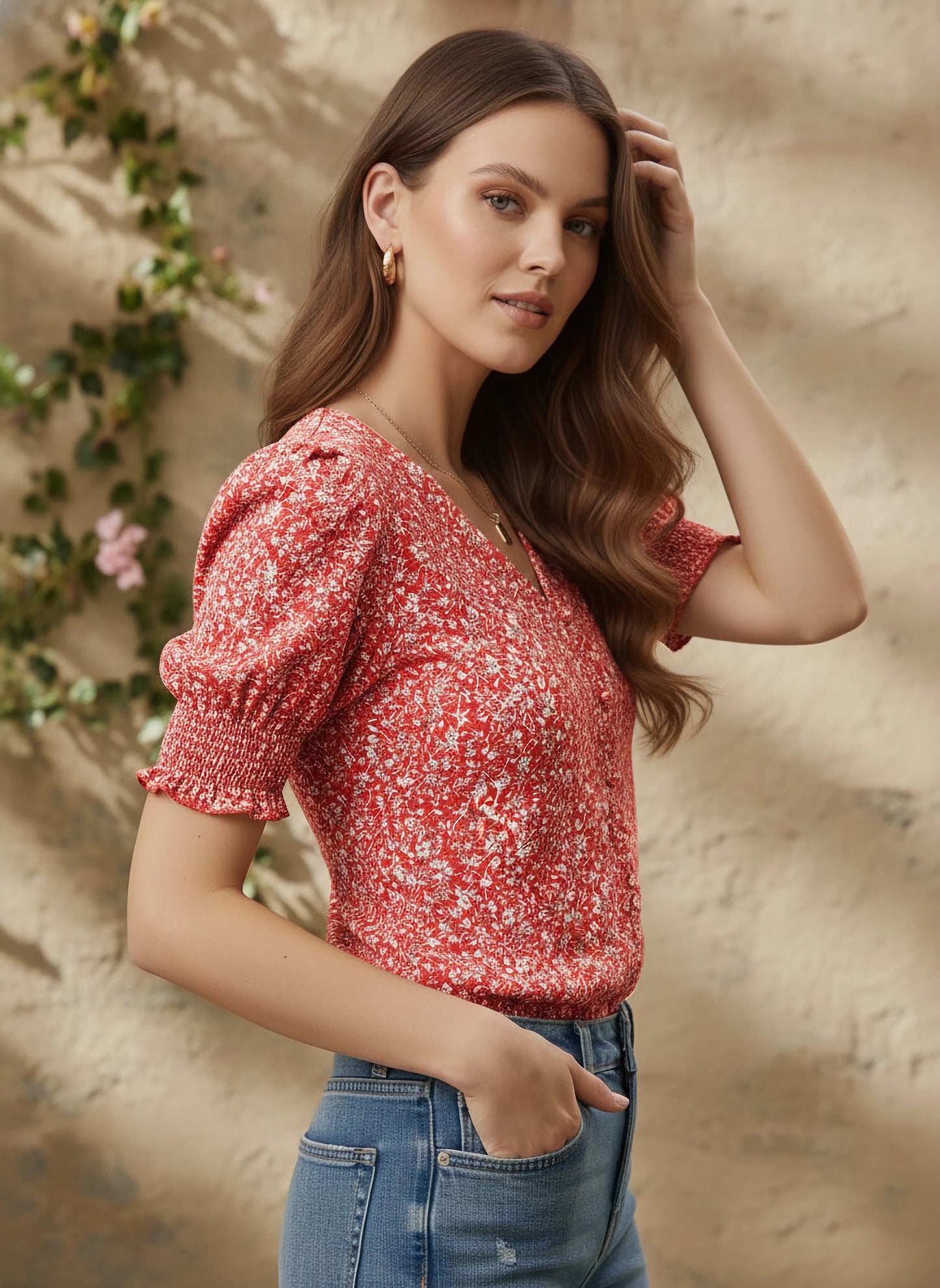 Berrylush Women Red & White Ditsy Floral Printed V-Neck Front Button-Up Crepe Smocked Top