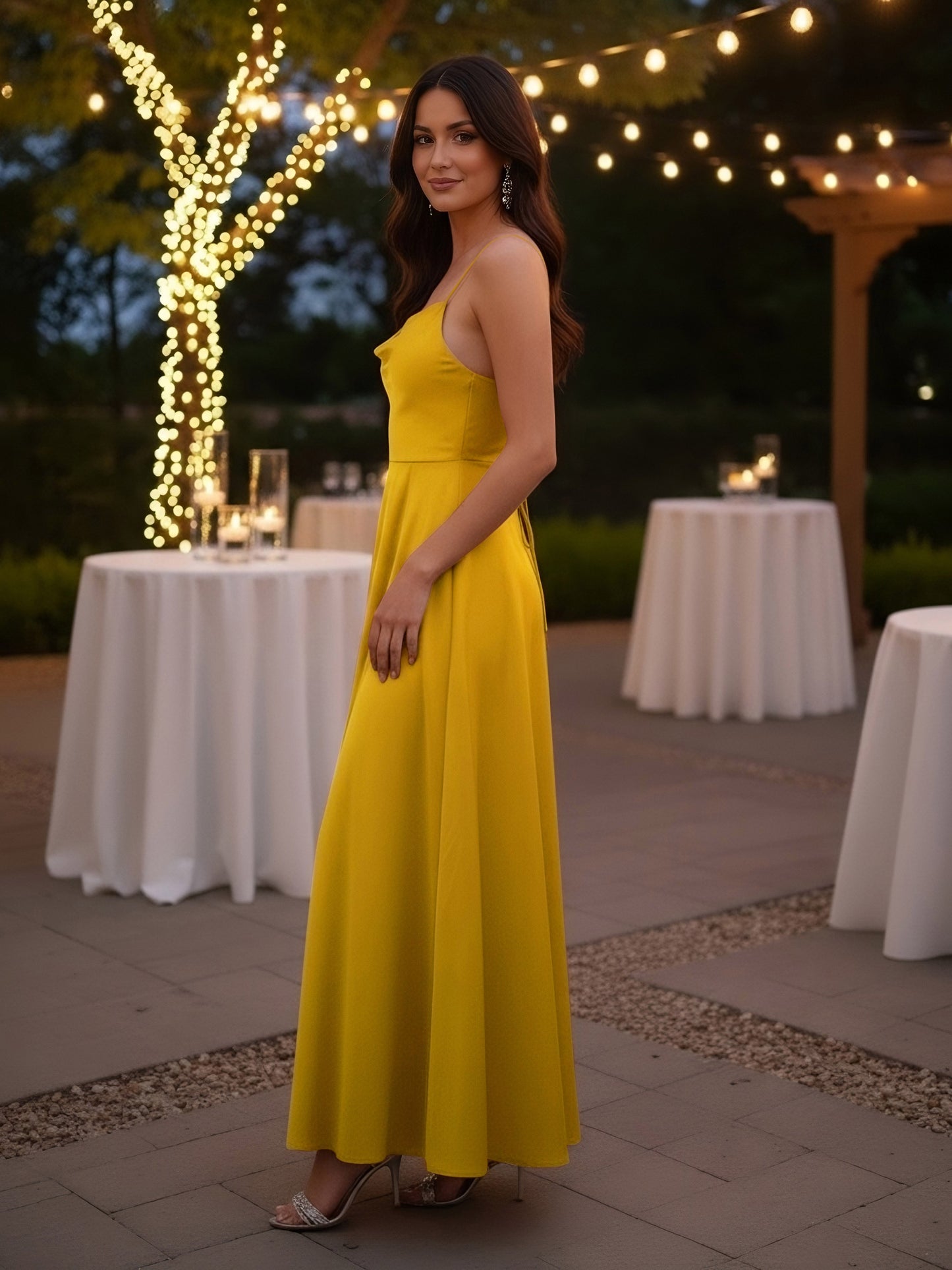 Berrylush Women Solid Yellow Cowl Neck Sleeveless Lace-Up Backless Thigh-High Slit Flared Maxi Dress