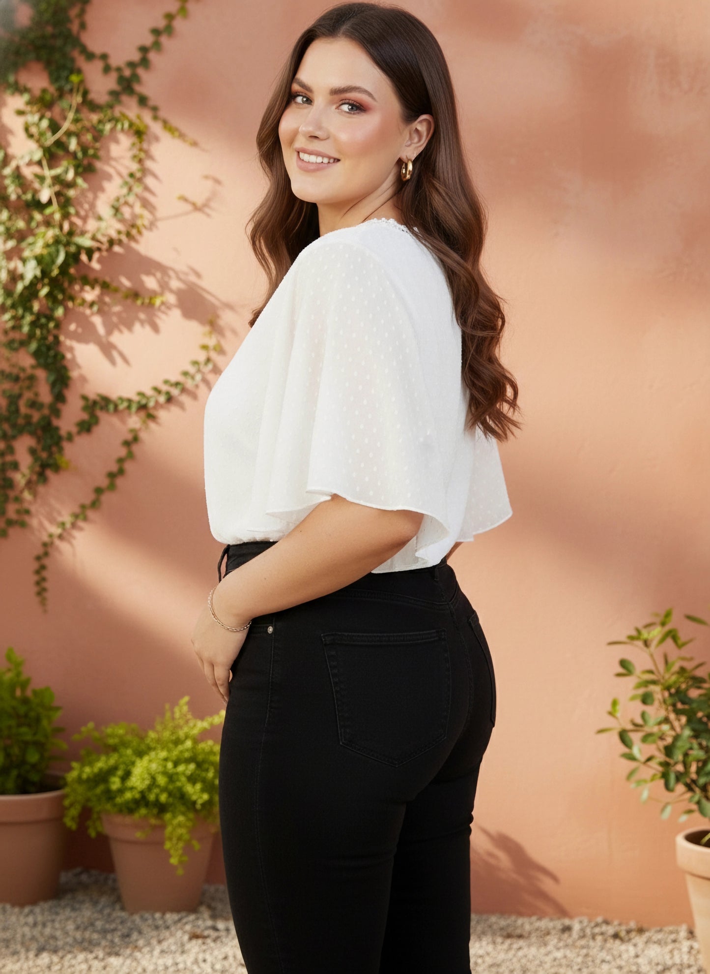 Plus Size Solid White Dobby Weave V-Neck Flutter Sleeves Georgette Lace-Up Regular Top