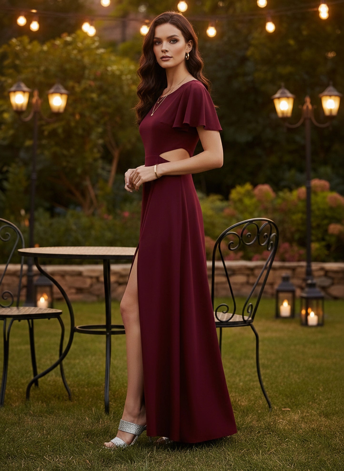 Solid Maroon Round Neck Cutout Crepe Thigh-High Slit Fit & Flare Maxi Dress