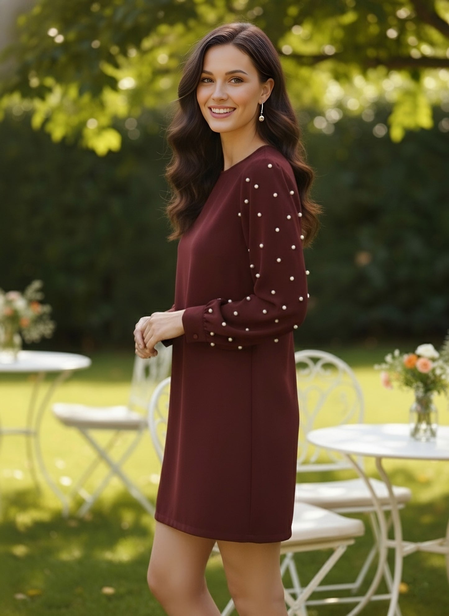 Berrylush Women Solid Maroon Round Neck Button-Up Straight Hem Embellished A-Line Mini Dress