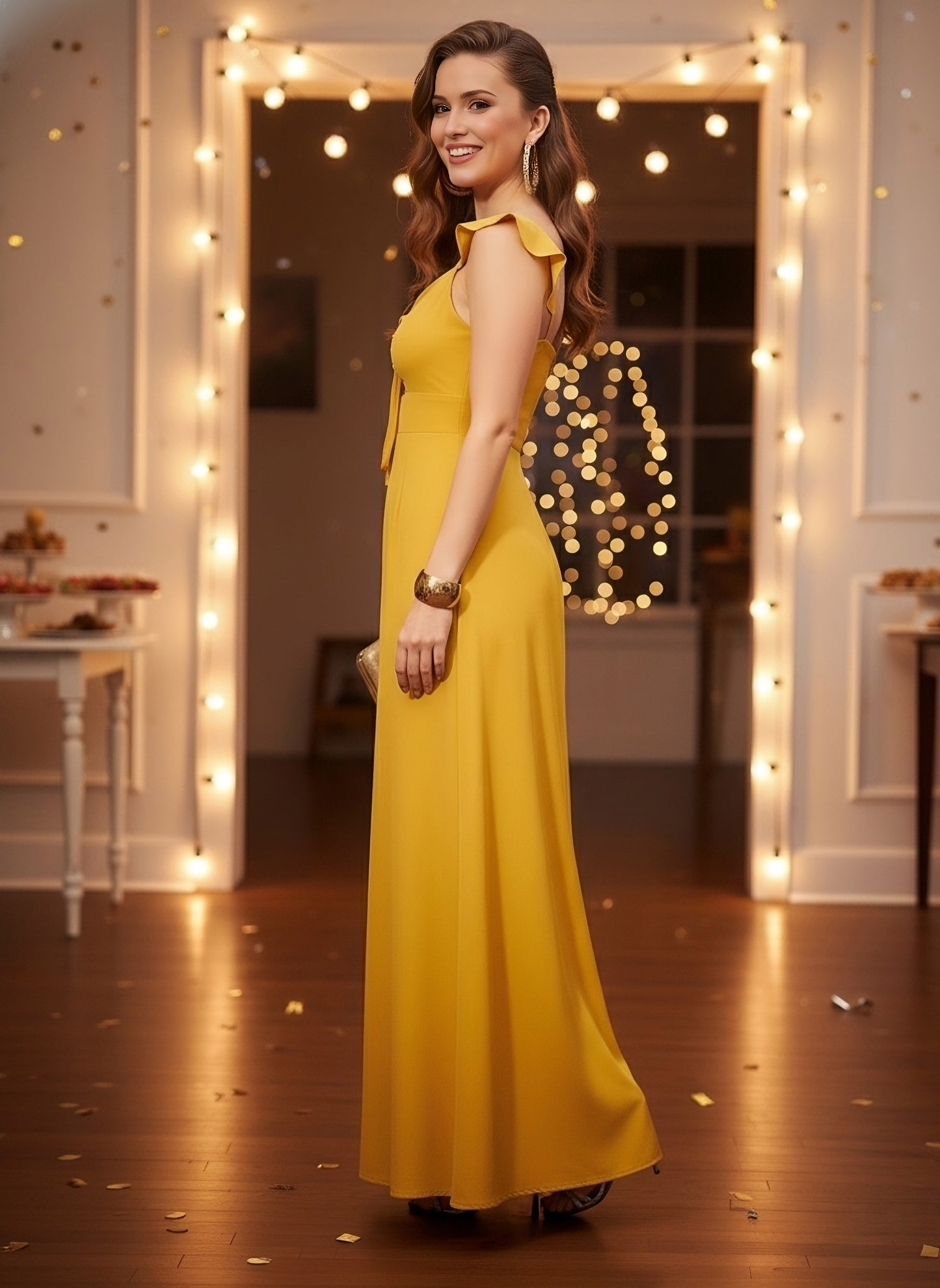 Berrylush Women Solid Yellow Sweetheart Neck Front Tie-Up Cutout Thigh-High Slit Ruched Maxi Dress