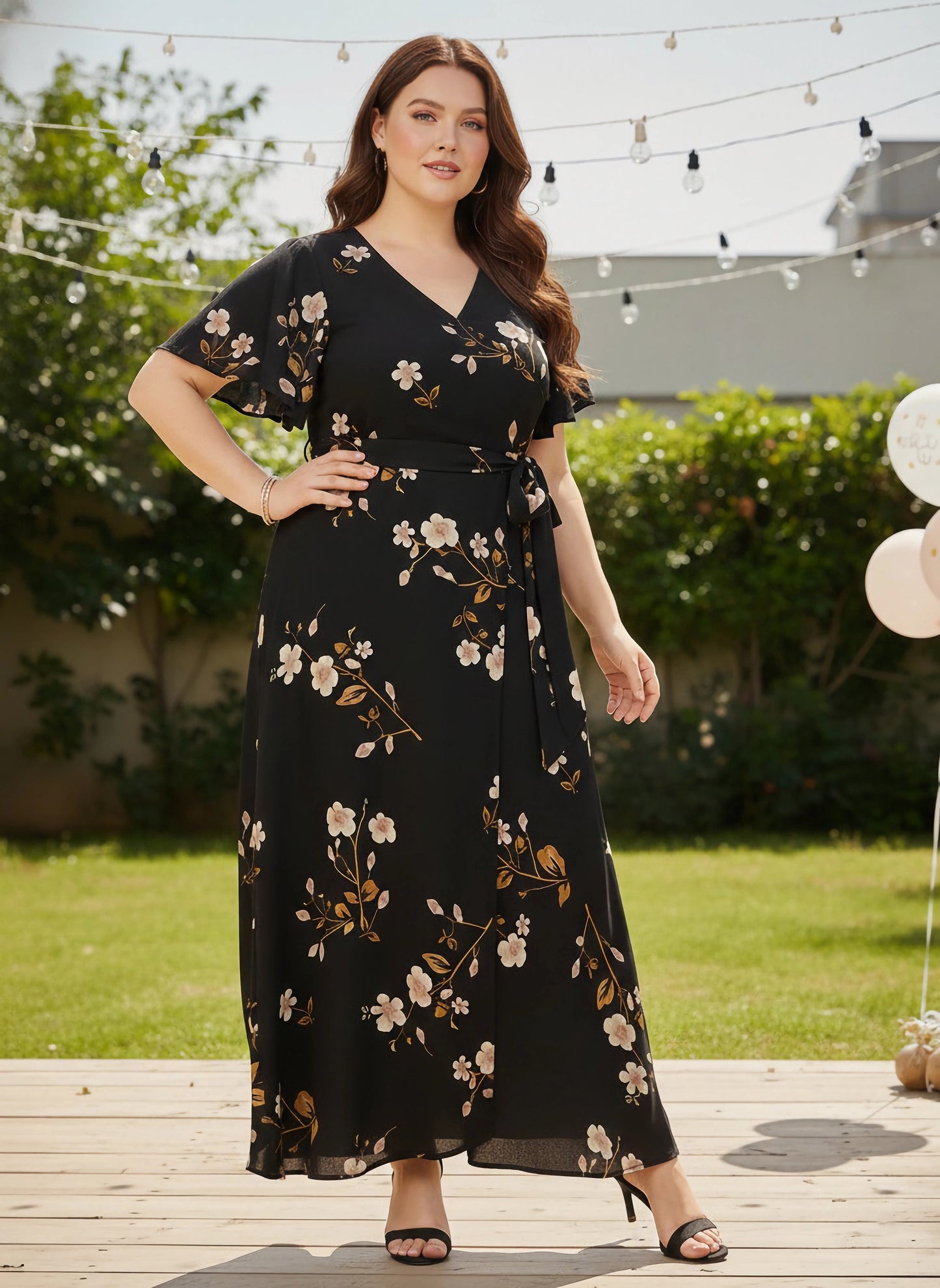 Plus Size Black & White Floral Printed V-Neck Tie-Up Flutter Sleeve Thigh-High Slit Flared Wrap Maxi Dress