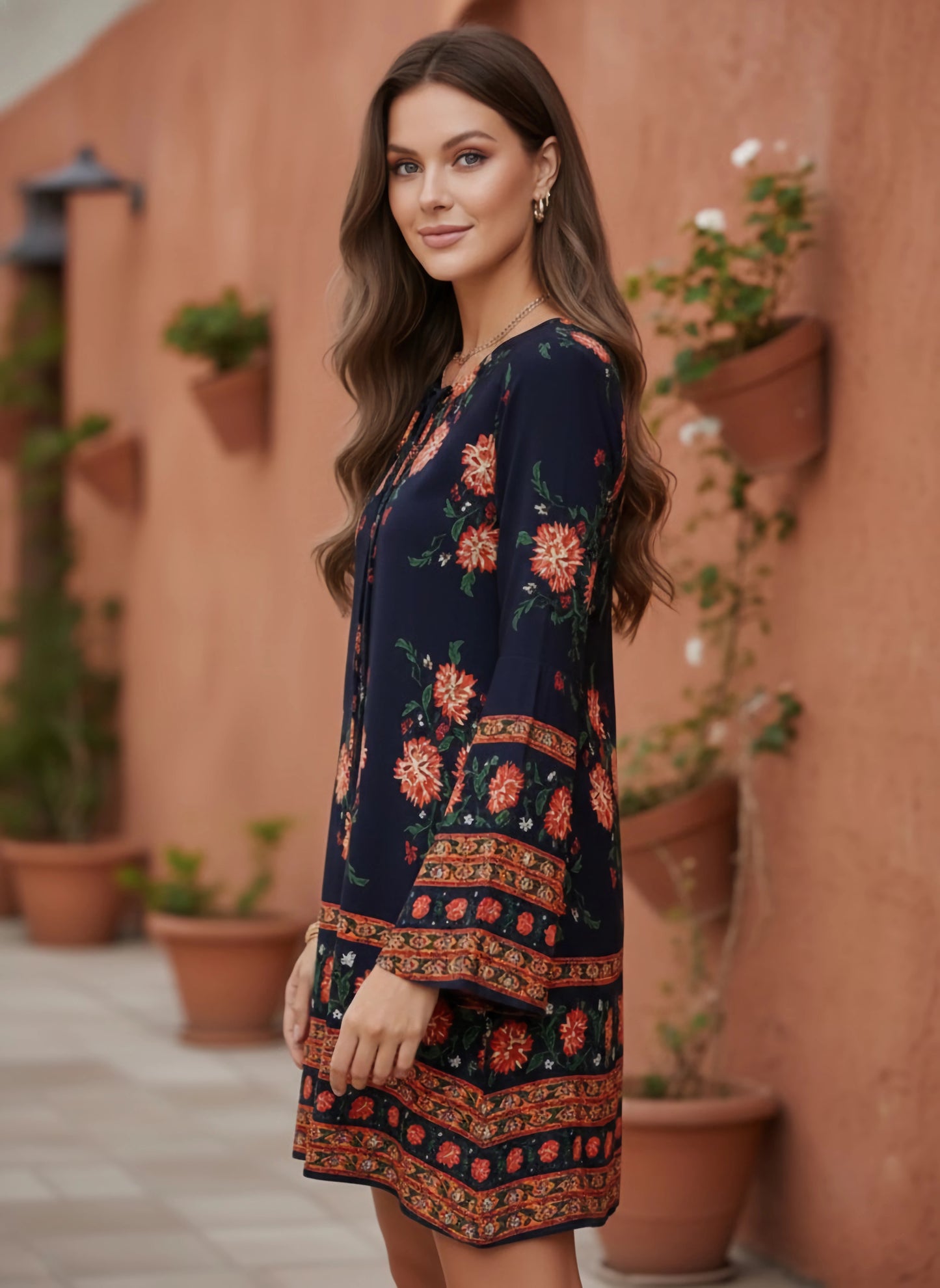 Berrylush Women Navy Blue & Orange Floral Printed Tie-Up Neck A-Line Mini Dress