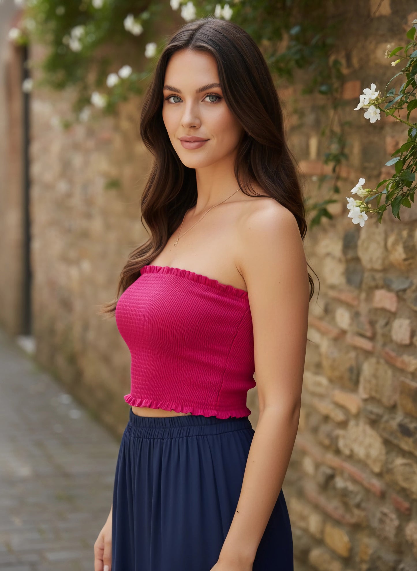 Berrylush Women Solid Bright Pink Strapless Neck Sleeveless Backless Smocked Crop Tube Top