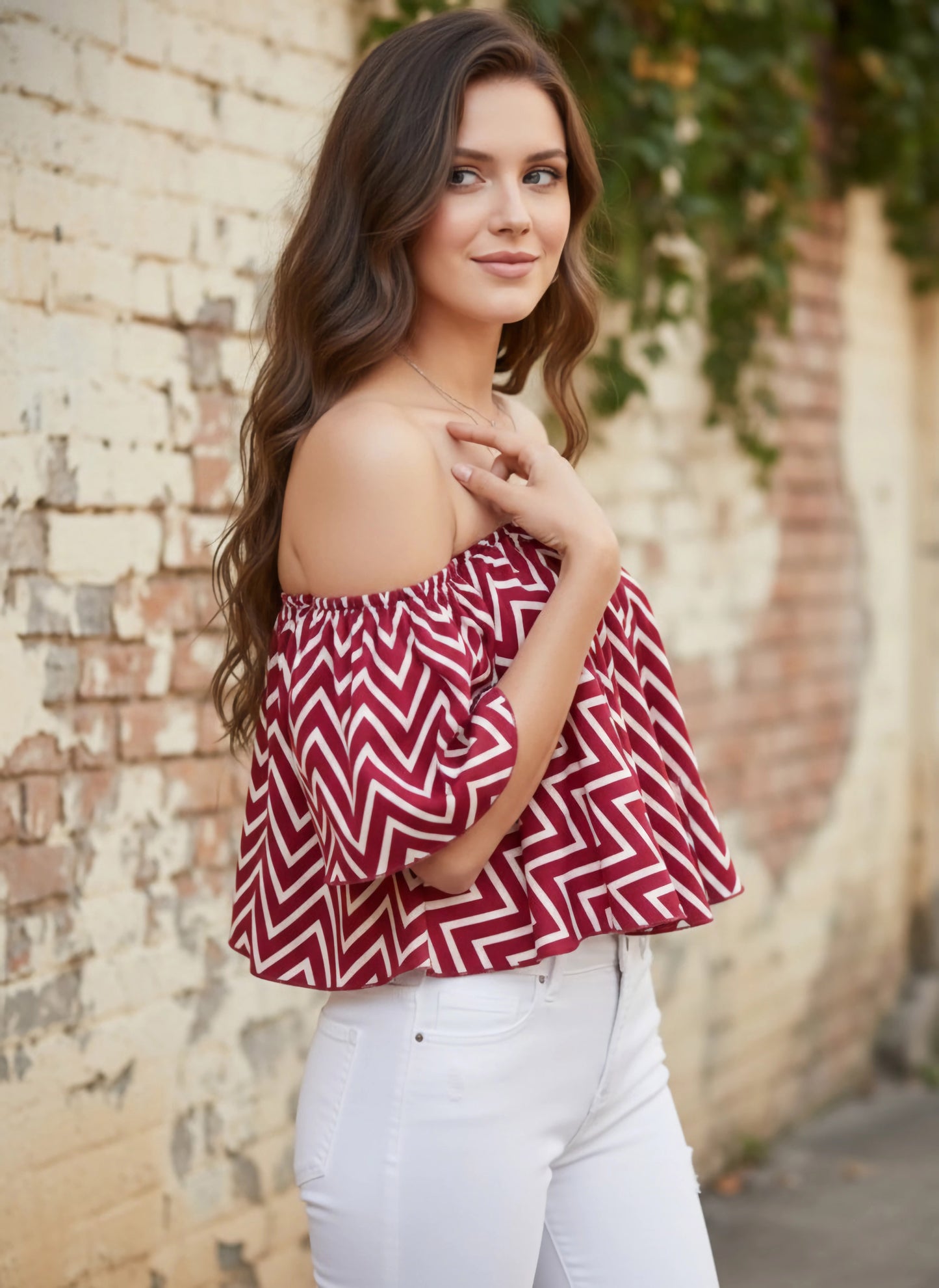 Berrylush Women Red & White Geometric Printed Off-Shoulder Neck Ruffled Crop Bardot Top