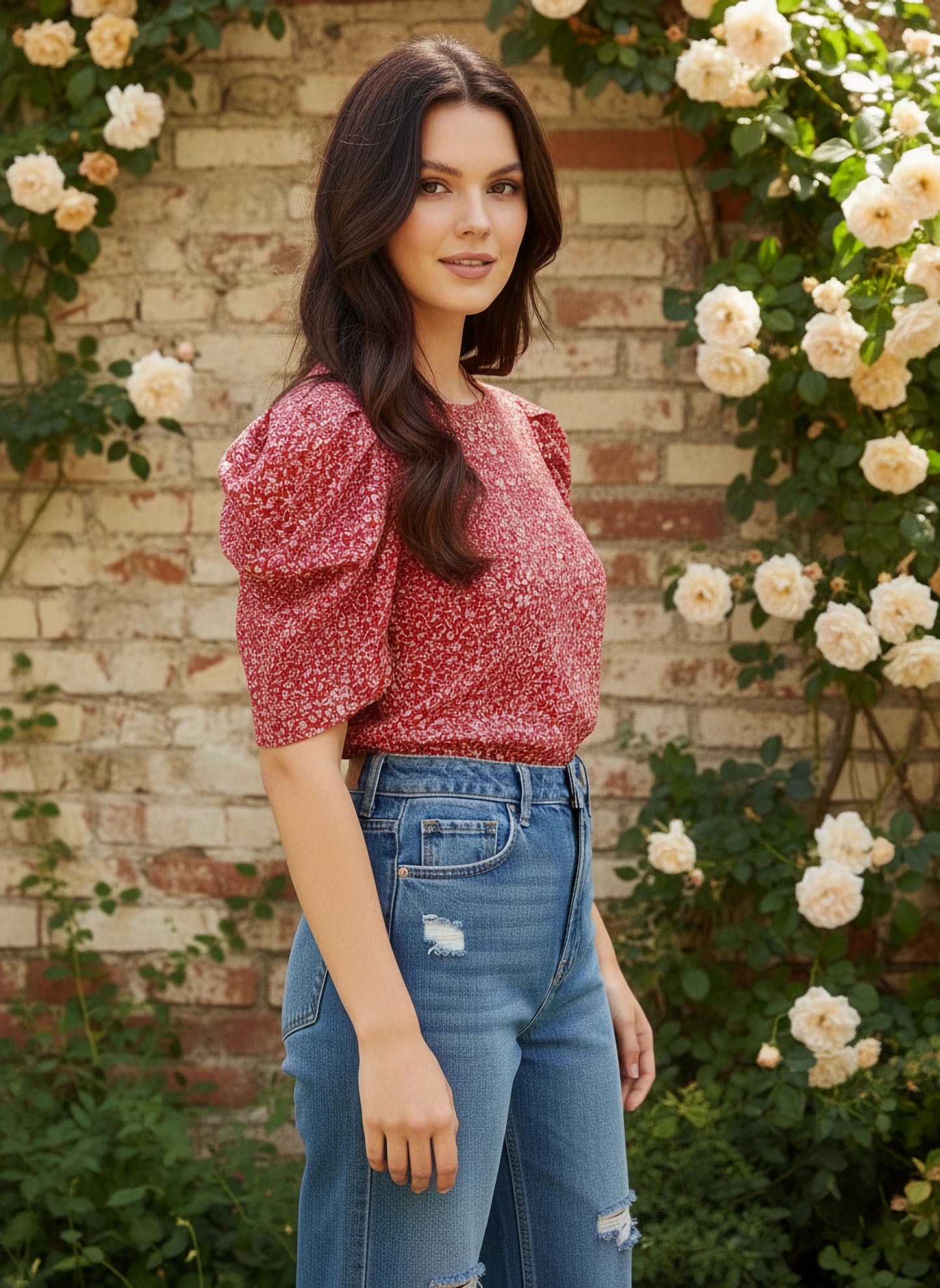 Red & White Floral Printed Round Neck Puff Sleeves Back Button-Up Keyhole Regular Top