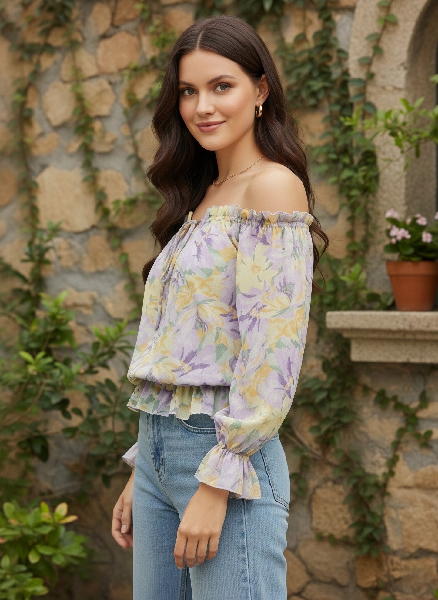 Purple & Yellow Floral Printed Off-Shoulder Neck Tie-Up Ruffled Regular Peplum Top