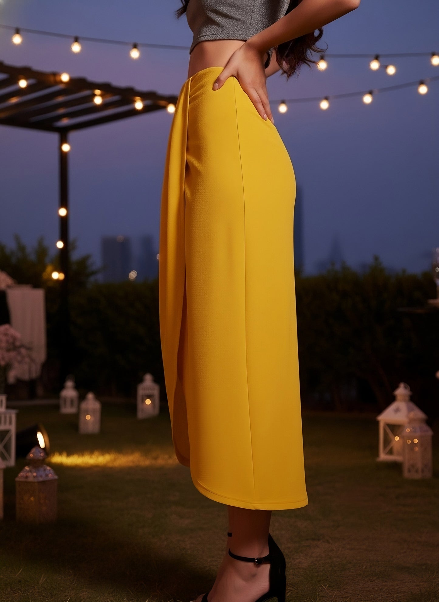 Berrylush Women Yellow Solid High Rise Knitted Draped Tulip Skirt