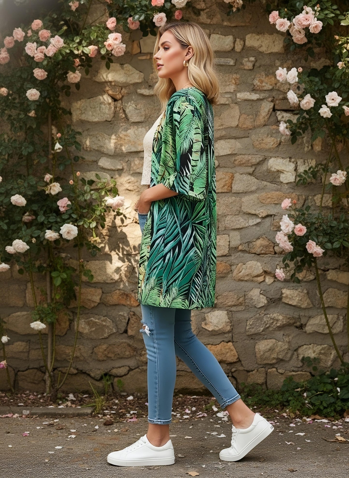 Berrylush Women Green & Yellow Floral Printed Open Front Straight Hem Longline Shrug