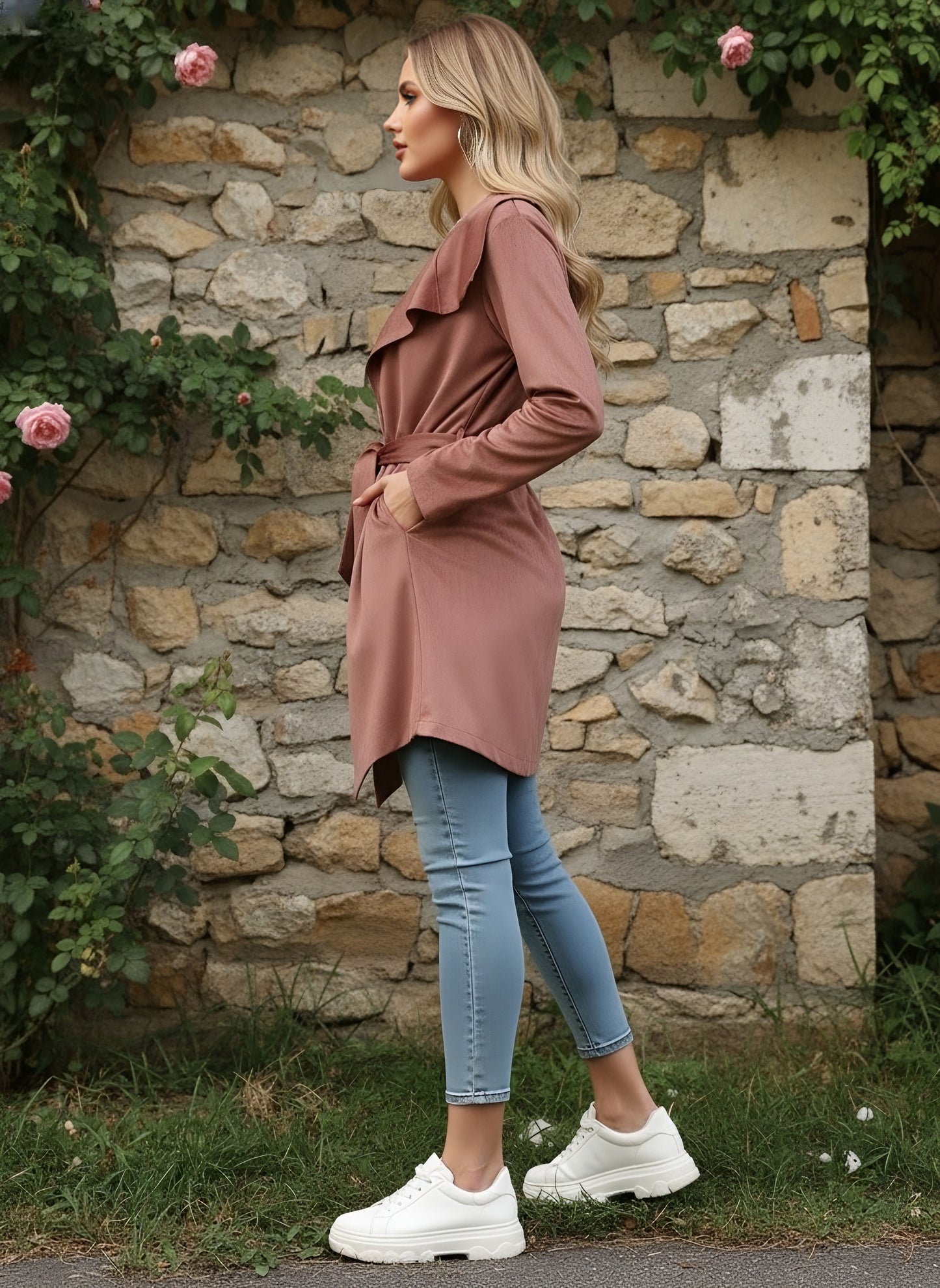 Berrylush Women Solid Brown Shawl Collar Neck Tie-Up Waist Wrap Coat