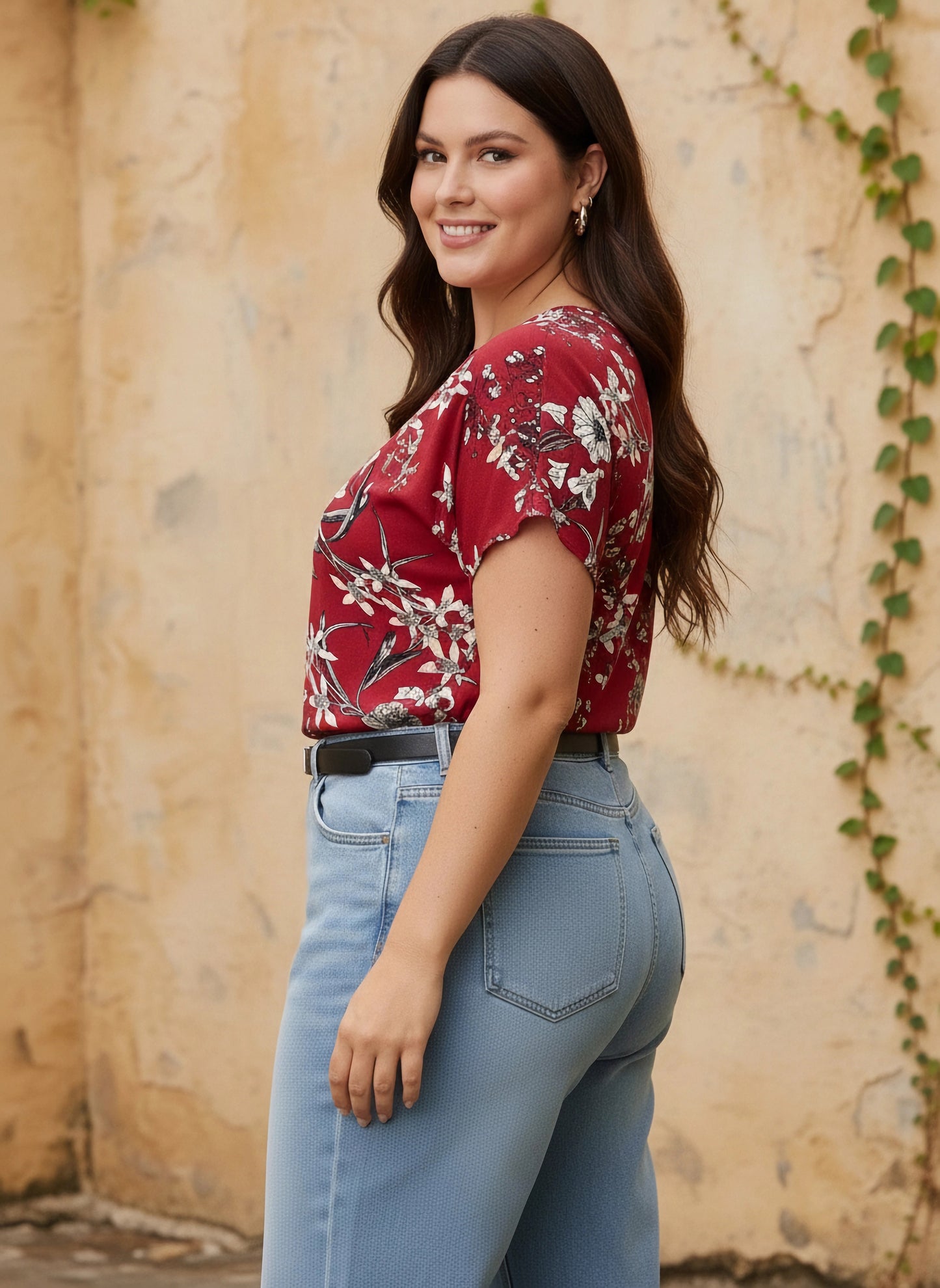Curve Red & White Floral Printed V-Neck Woven Front Single-Strip Crepe Regular Top