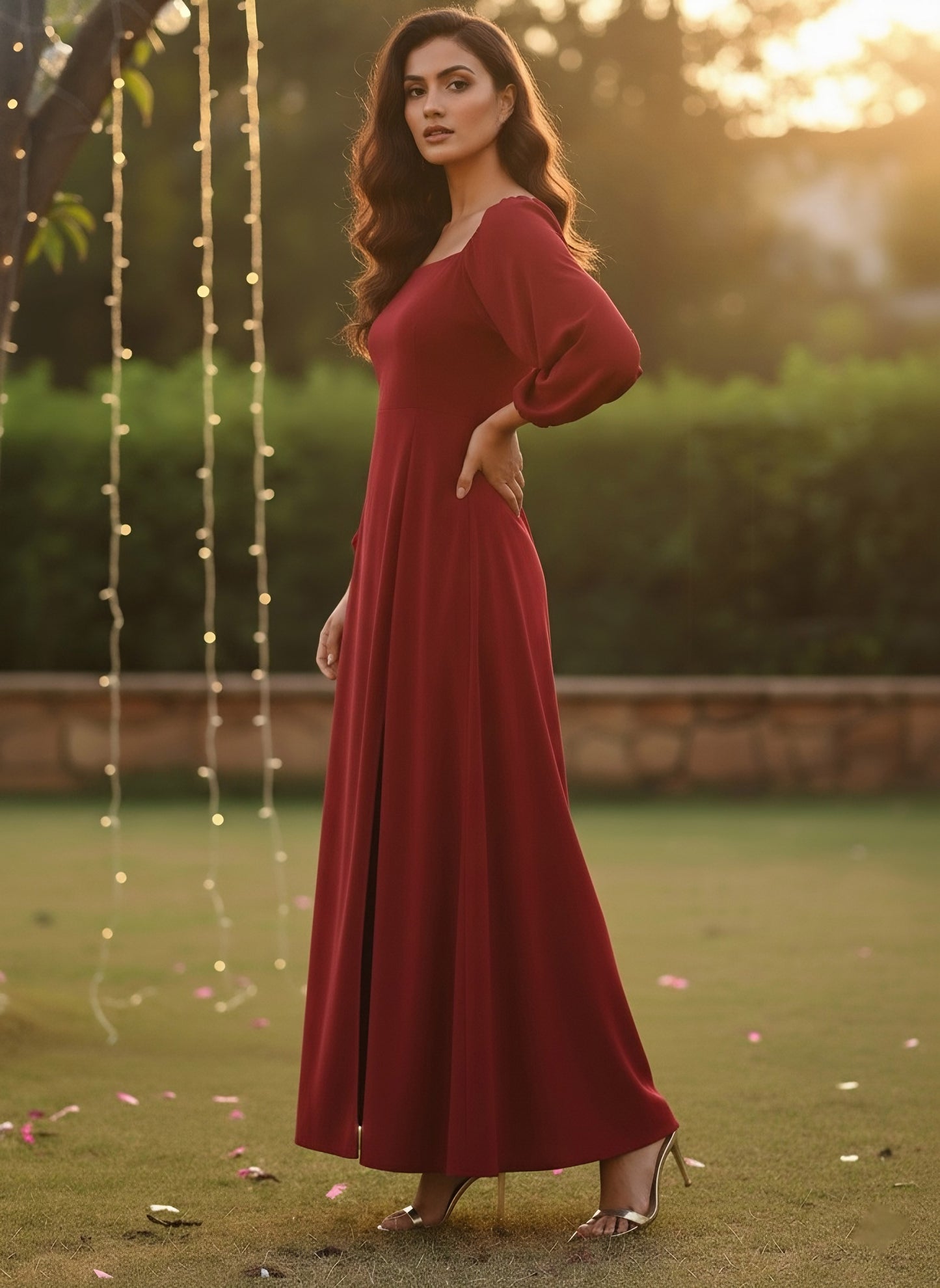 Berrylush Women Solid Red Puffed Sleeve Maxi Dress