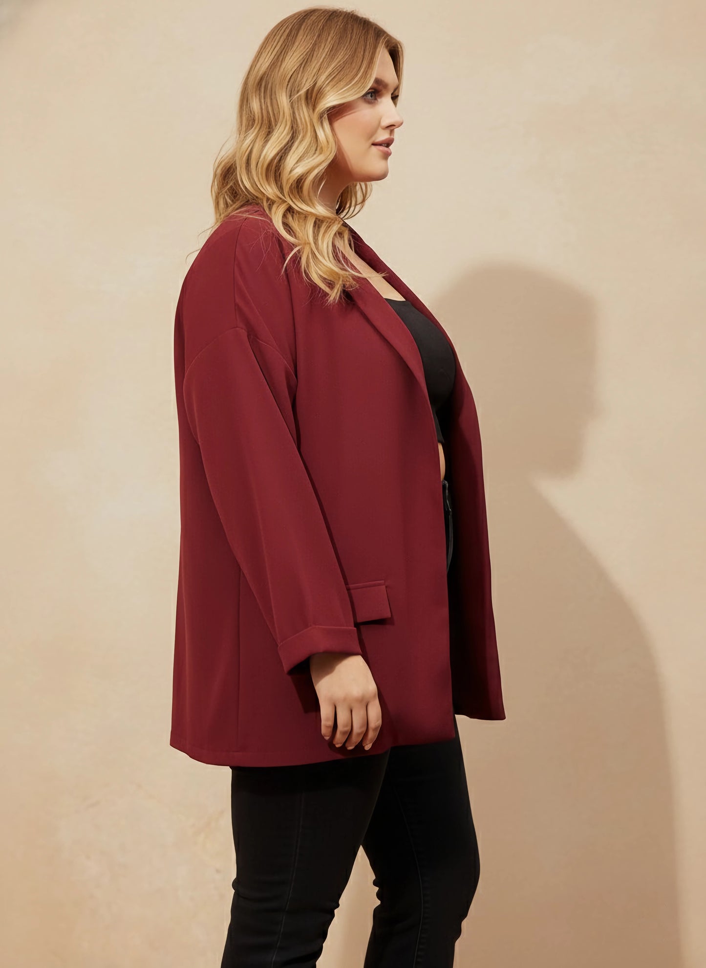 Berrylush Women Plus Size Solid Maroon Notched Lapel Neck Long Sleeve Open Front Longline Blazer