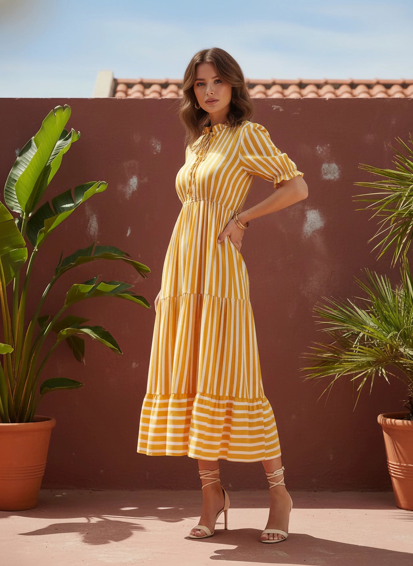 Berrylush Women Yellow & White Vertical Striped Print Tie-Up Neck Flutter Sleeve Viscose Rayon Layered Maxi Dress