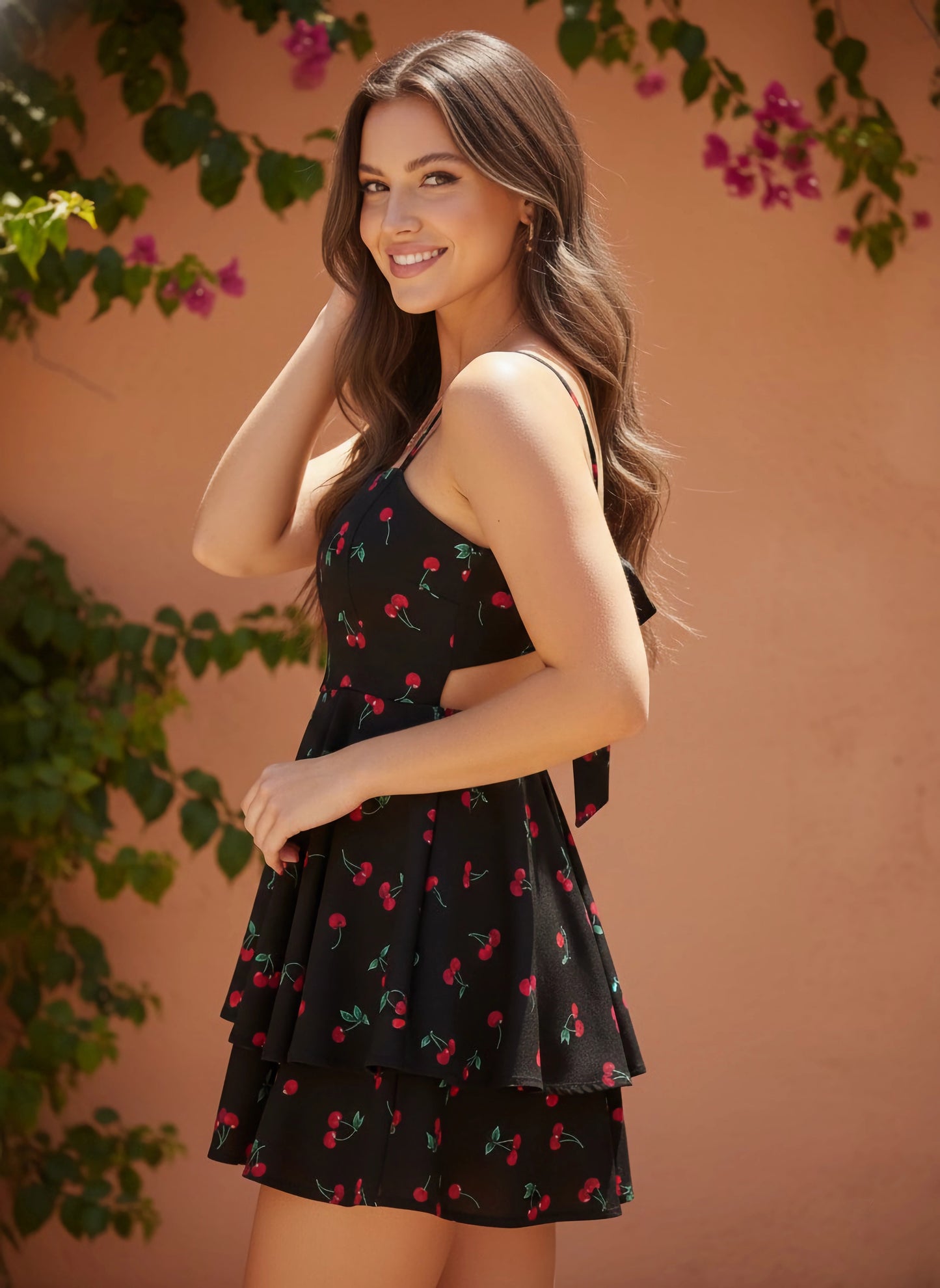 Berrylush Women Black & Red Cherry Printed V-Neck Sleeveless Back Tie-Up Cutout Layered Mini Jumpsuit