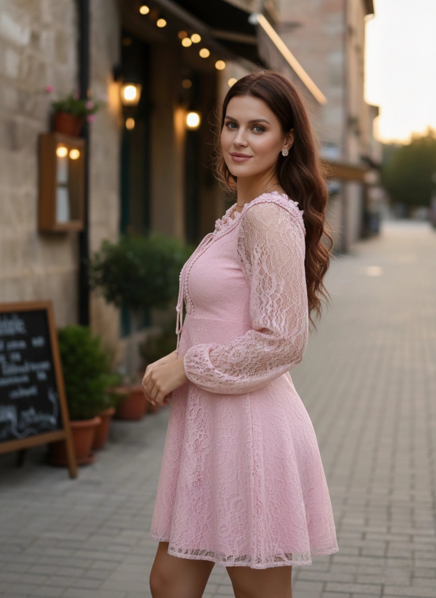 Pink Floral Pattern V-Neck Bishop Sleeves Lace-up Ruffled A-Line Mini Dress