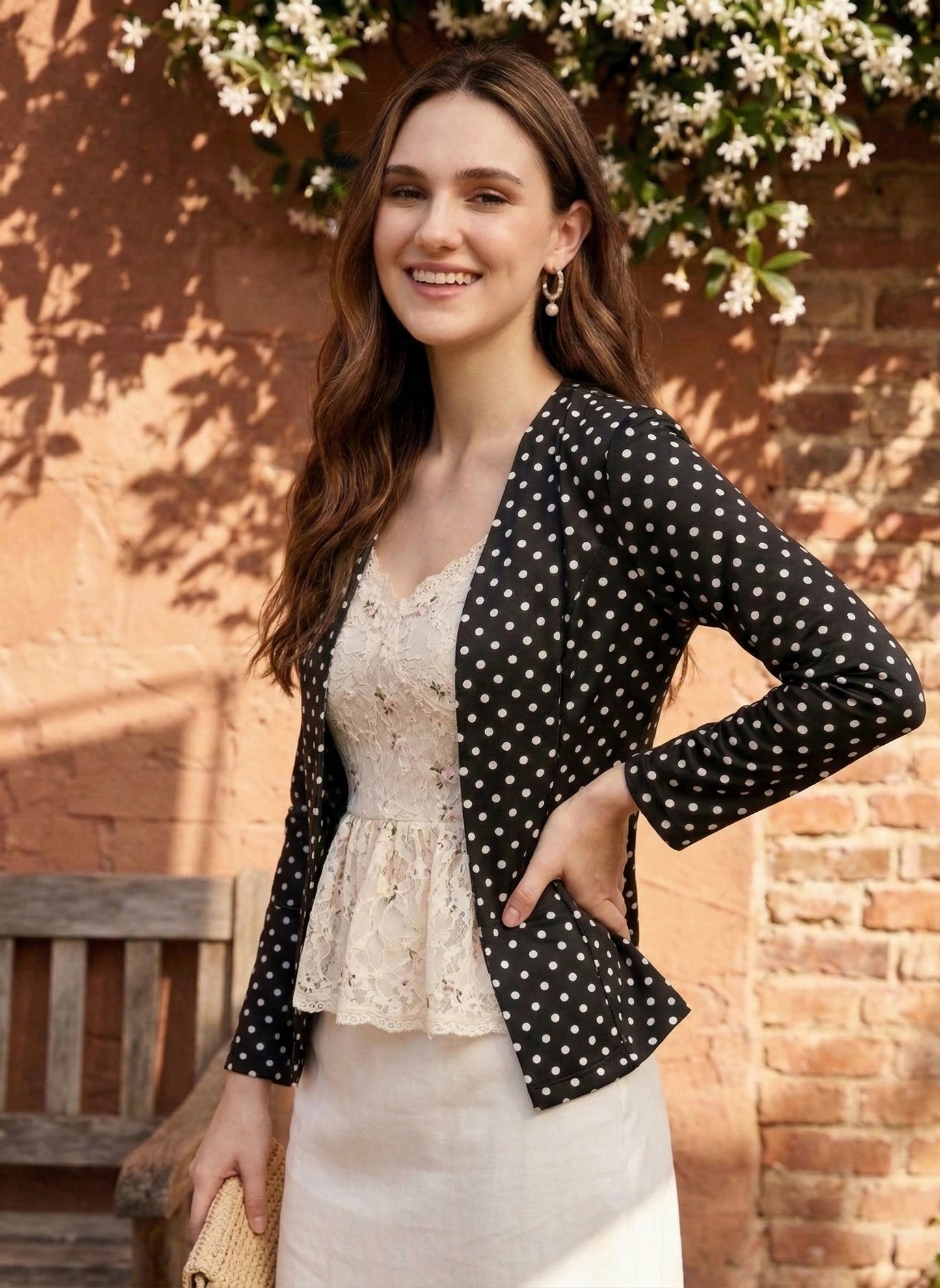 Berrylush Women Black & White Polka Dot Printed Collarless Open Front Straight Jacket