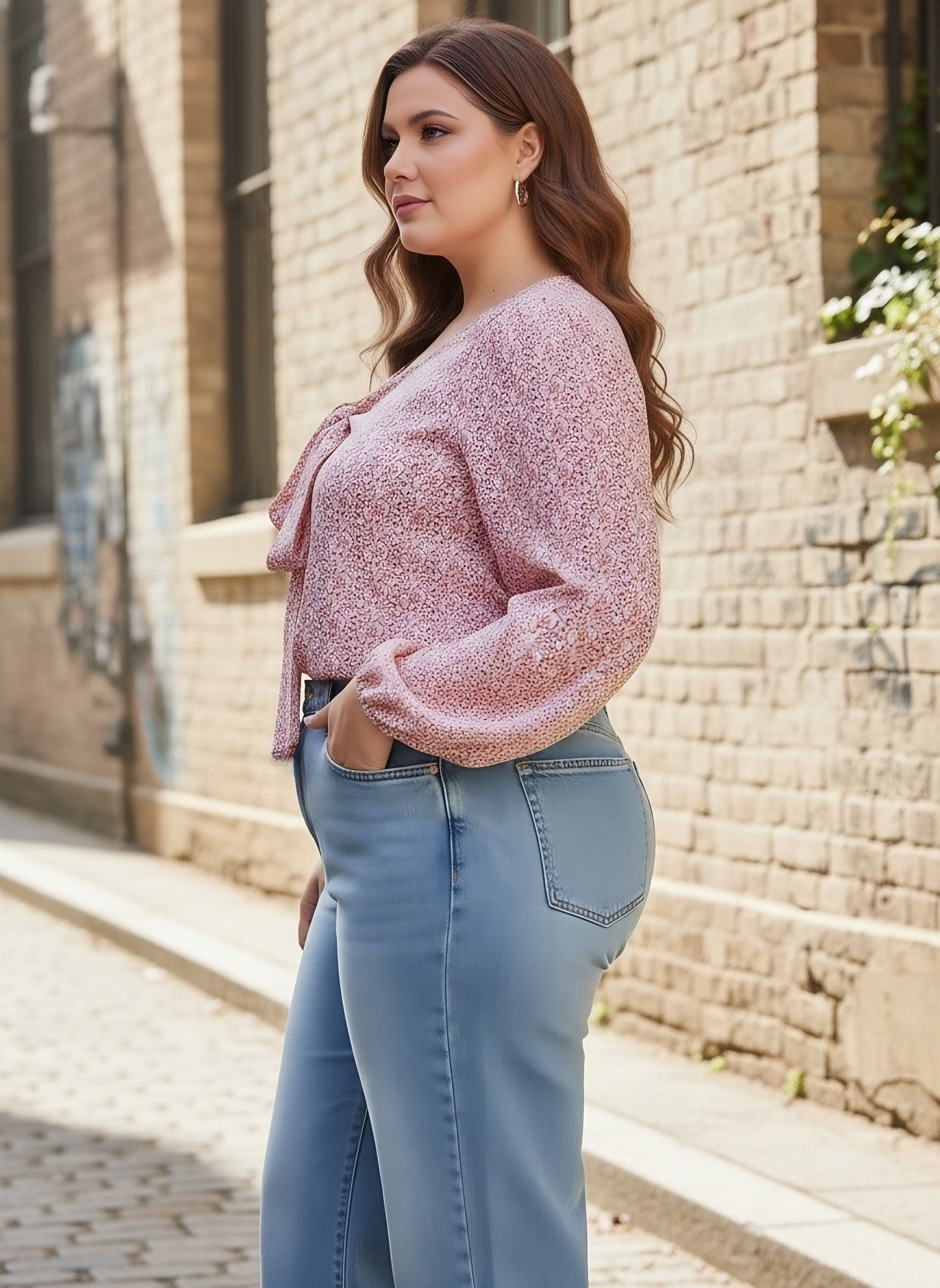 Berrylush Curve Women White & Pink Floral Printed Sweetheart Neck Bishop Sleeves Tie-Up Front Regular Top