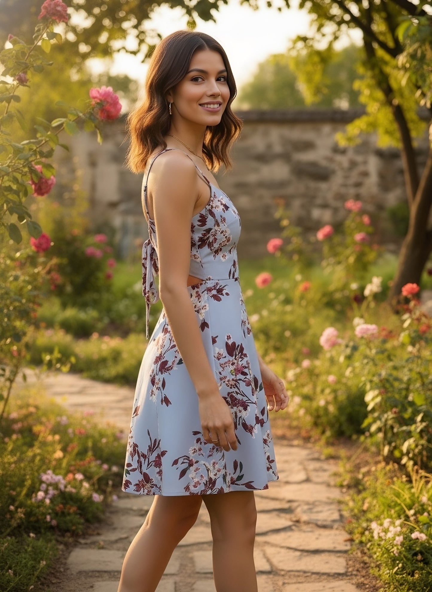 Berrylush Women Blue Floral Printed Twist Knot Fit & Flare Mini Dress