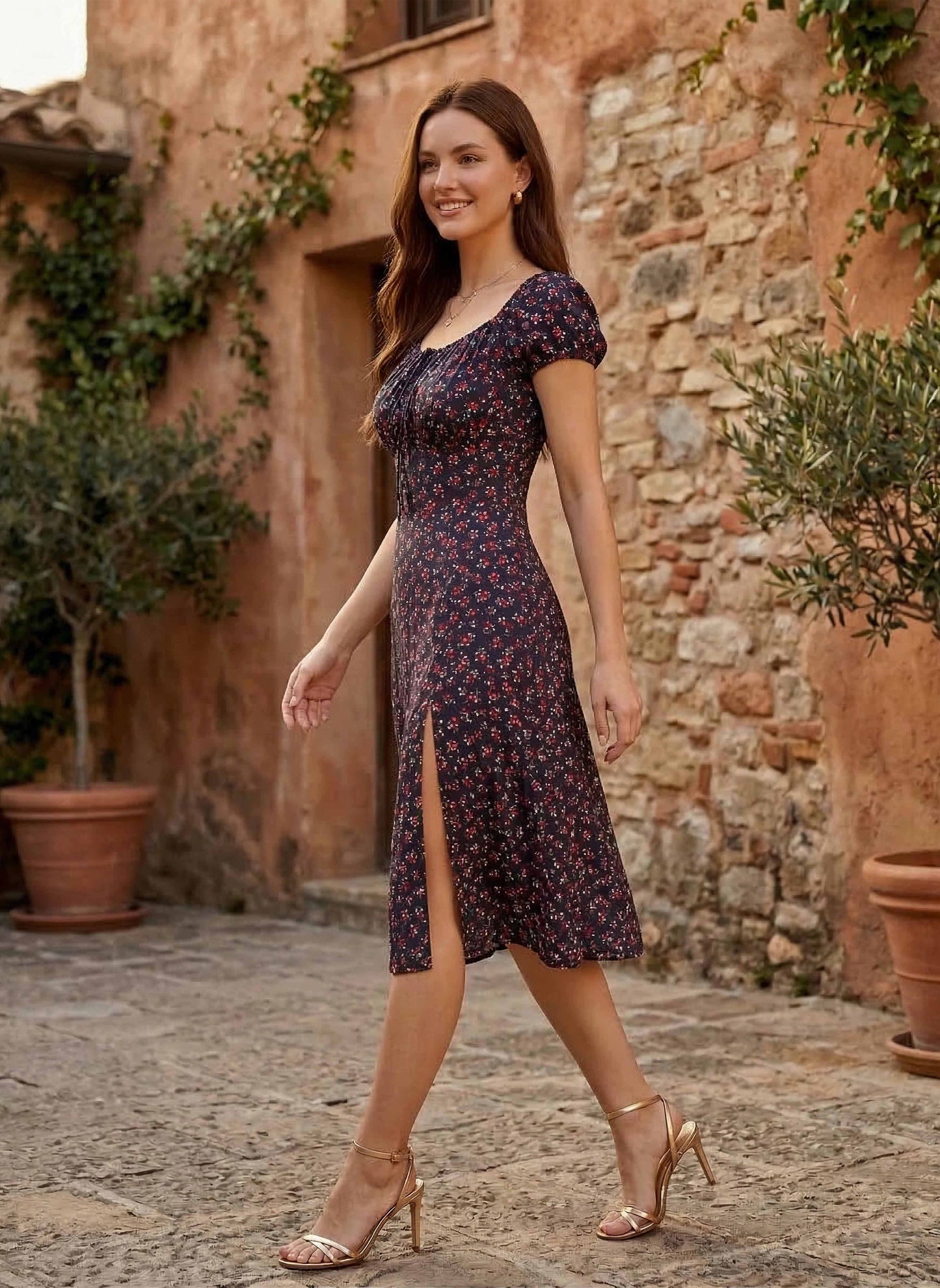 Berrylush Women Navy Blue Ditsy Floral Printed A-Line Flared Midi Dress