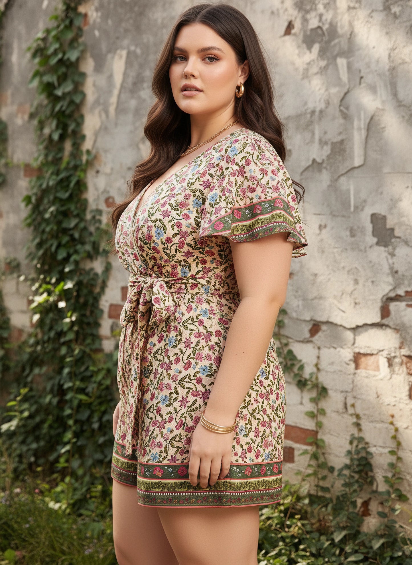 Berrylush Curve Women Pink Tie-up Detail Tropical Print Mini Jumpsuit