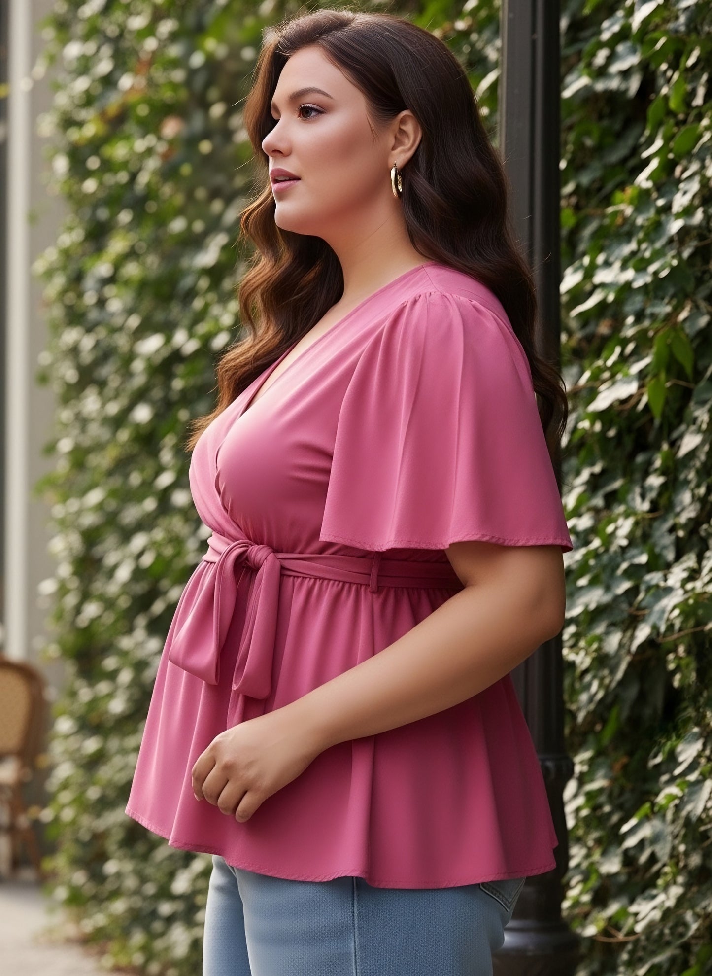Berrylush Curve Women Solid Pink V-Neck Flared Sleeves Waist Tie-Up Pleated Regular Empire Top