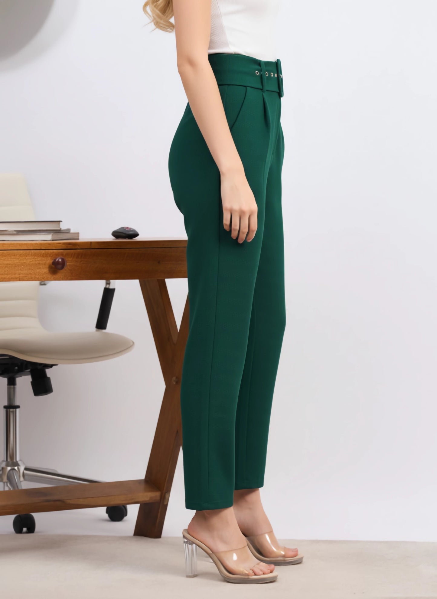 Berrylush BIZwear Women Solid Green High-Rise Belted Waist Four-Pockets Pleated Maxi Trousers