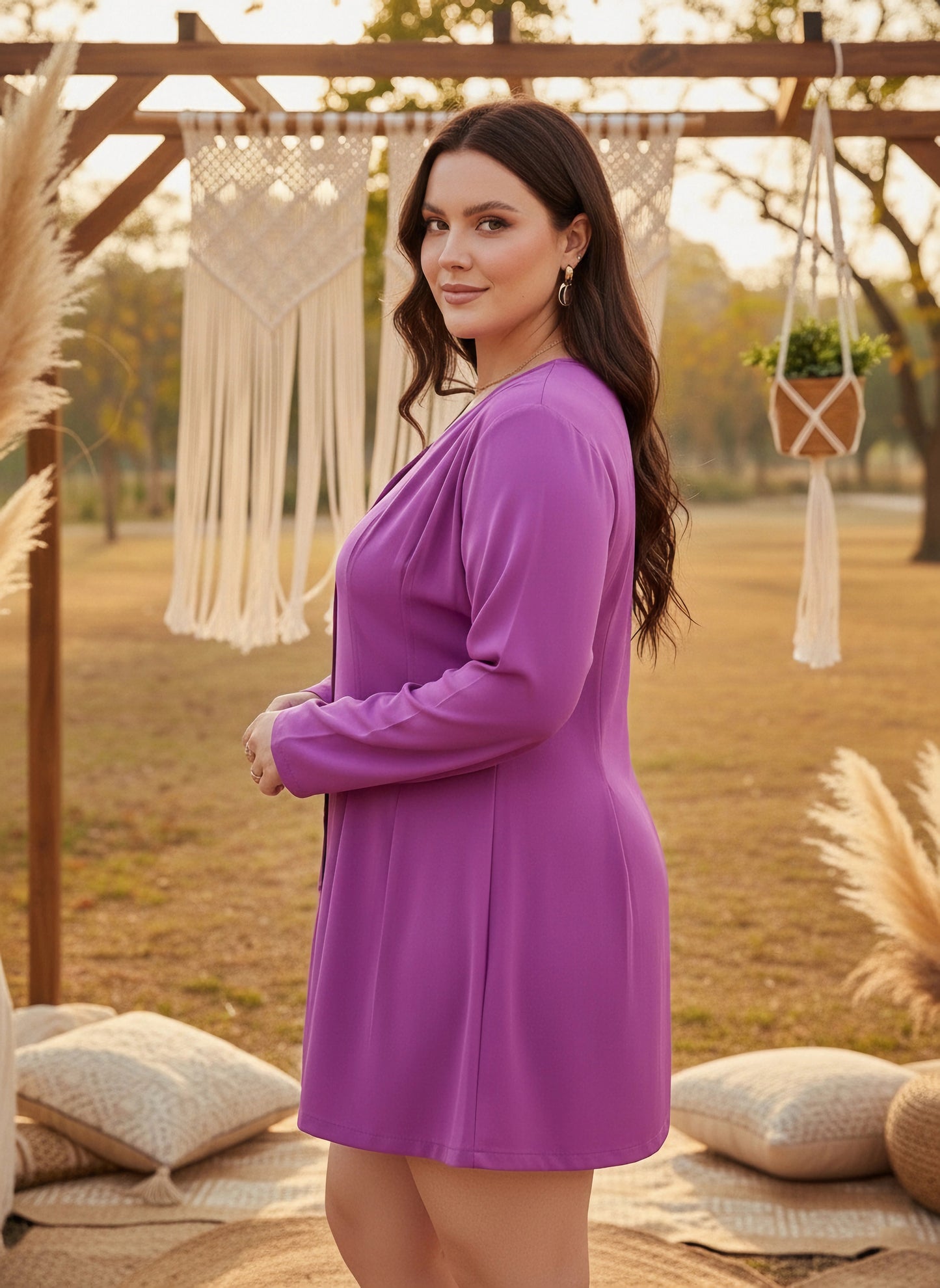 Plus Size Solid Purple V-Neck Front Button-Up Curve Hem Flared Mini Shirt Dress