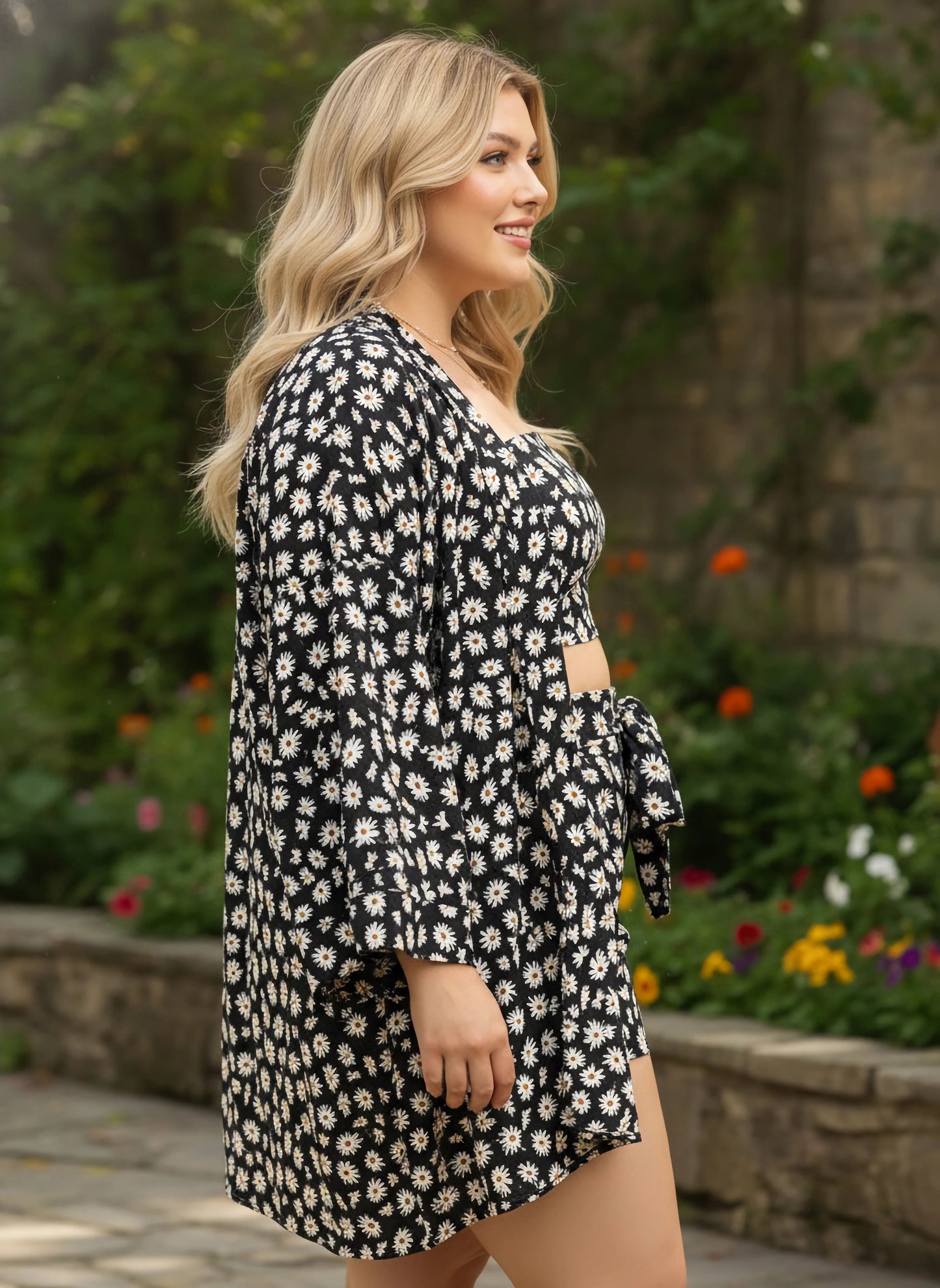 Berrylush Curve Women Black & White Floral Printed Square Neck Crop Top & Tie-Up Front Shorts Co-Ord Set With Shrug