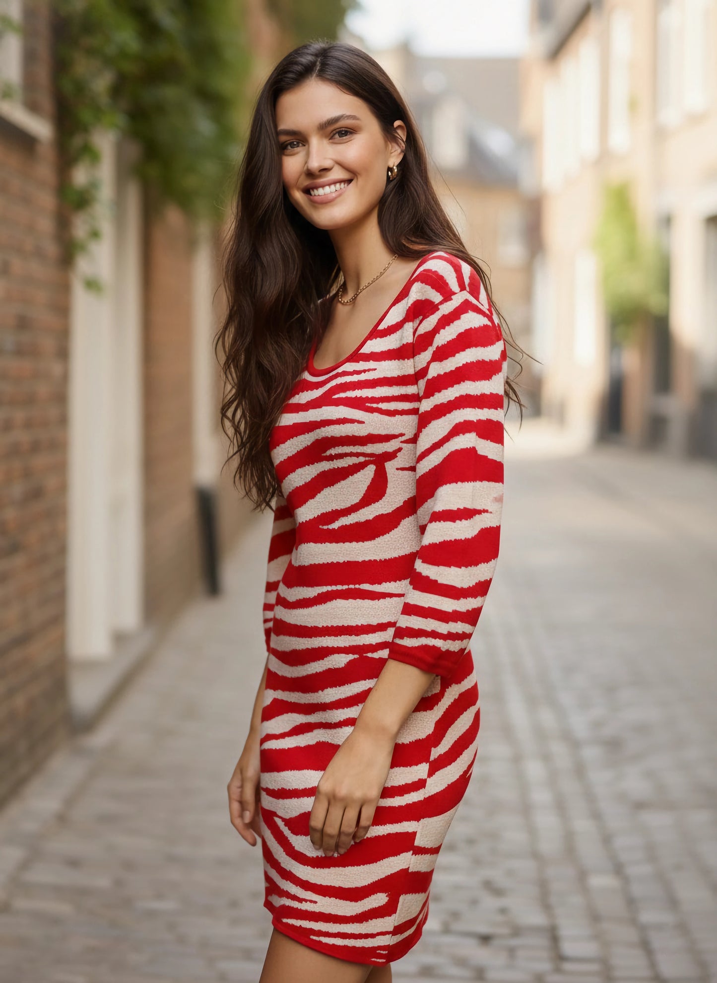 Berrylush Women Red & White Animal Printed Scoop Neck Drop-Shoulder Sleeves Acrylic Straight Hem Knitted Longline Pullover