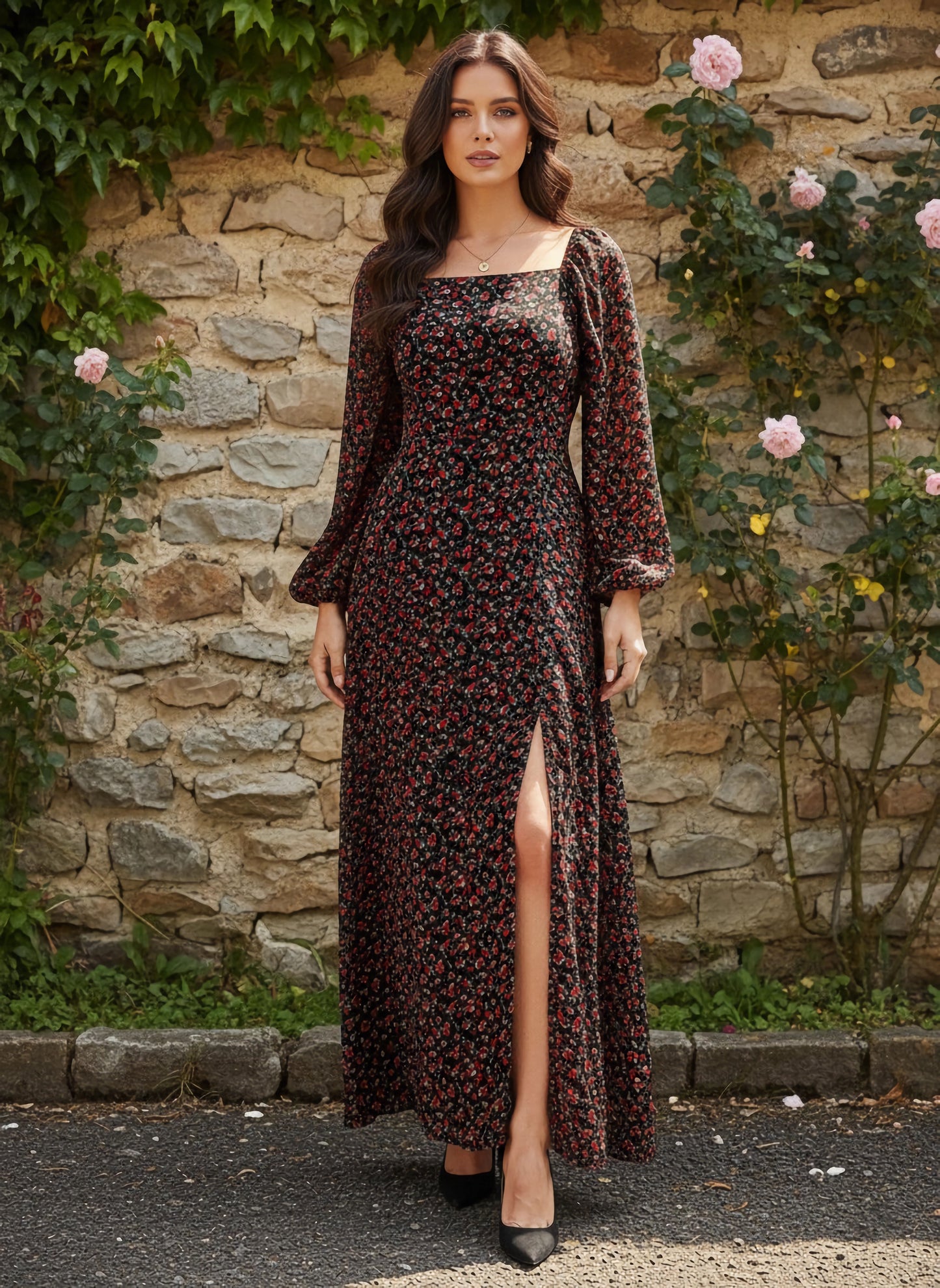 Berrylush Women Black & Red Floral Printed Square Neck Puff Sleeves Crepe Flared Maxi Dress