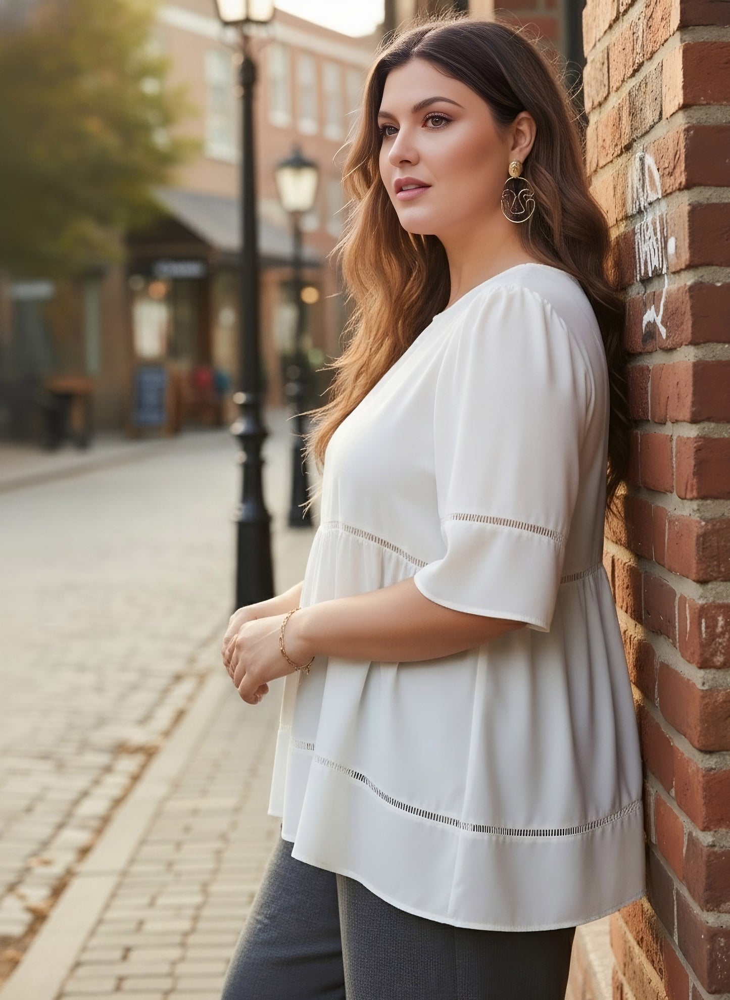 Berrylush Curve Women Solid White Round Neck Puff Sleeves Lace-Up Regular Top