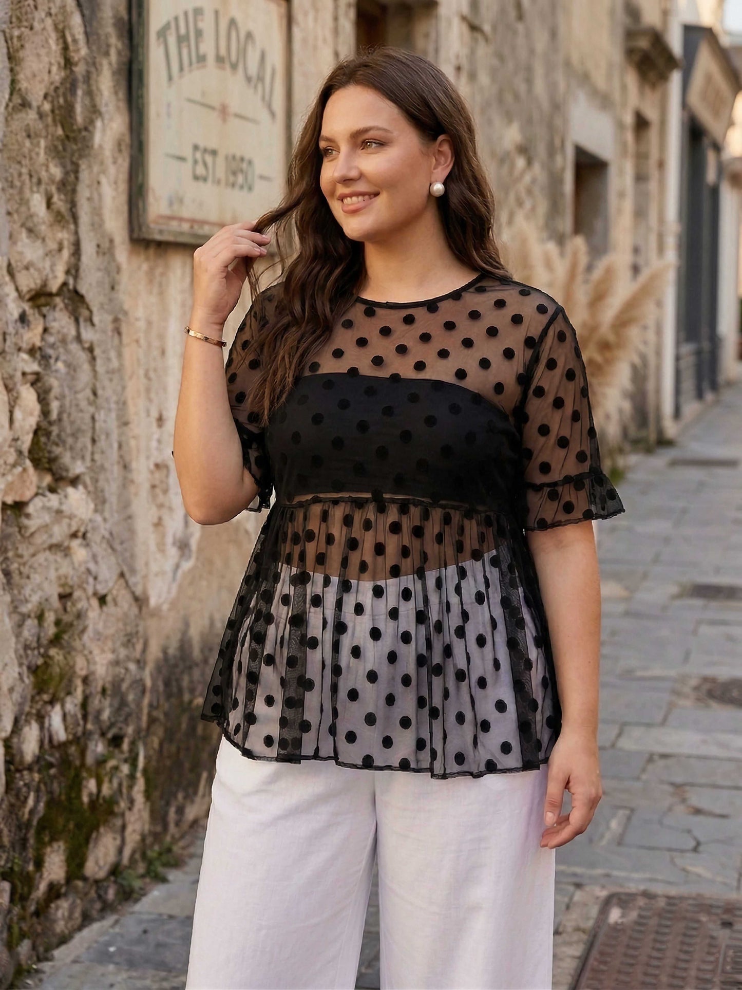 Plus Size Black Polka Dot Pattern Round Neck Bell Sleeve Jacquard Sheer Ruffled Peplum Top