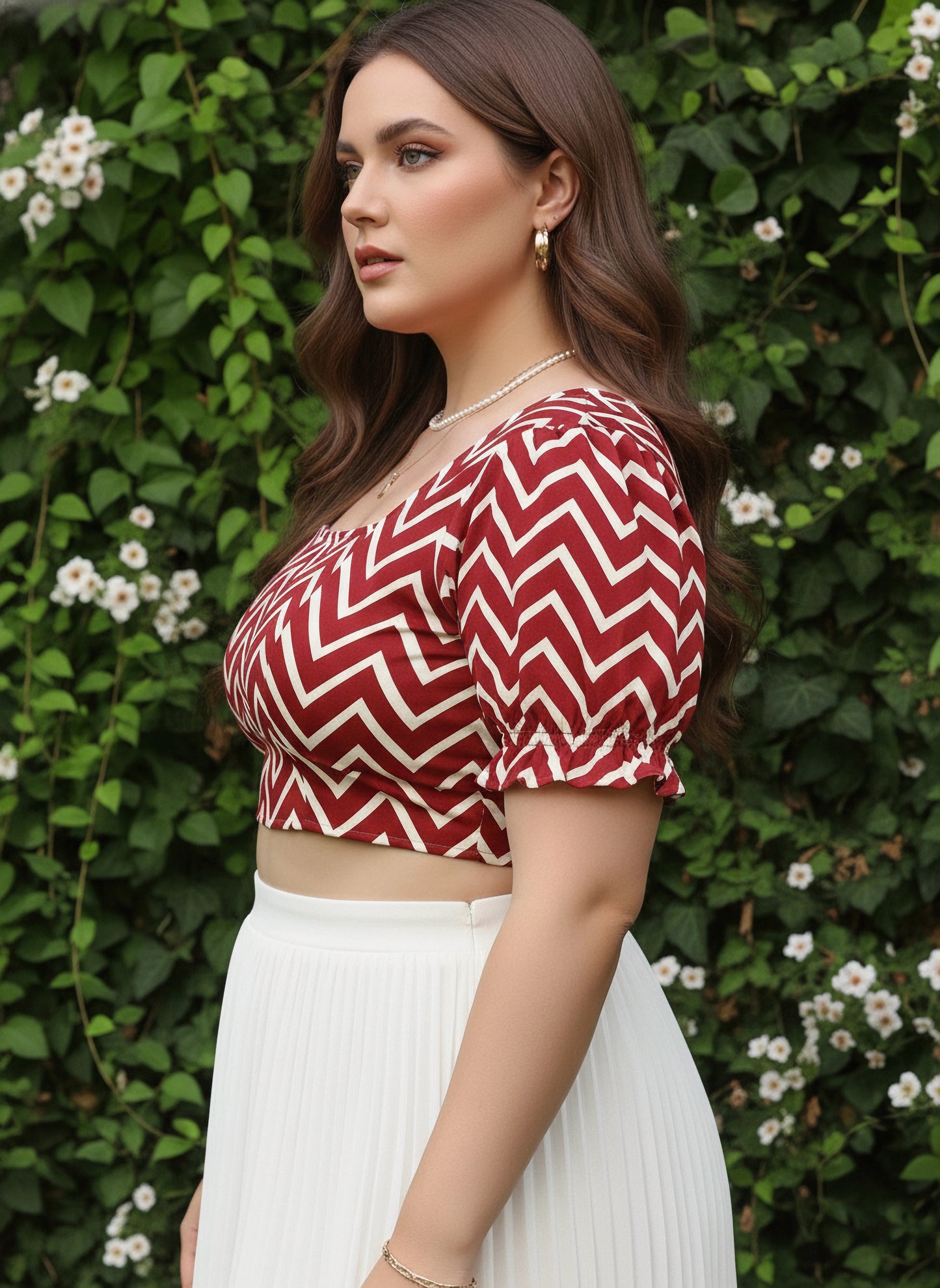 Berrylush Women Plus Size Maroon & White Chevron Pattern Square Neck Crepe Tie-Up Backless Blouson Cropped Top