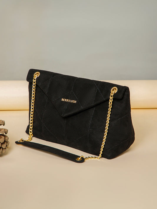 Berrylush Women Black Structured Quilted Shoulder Bag