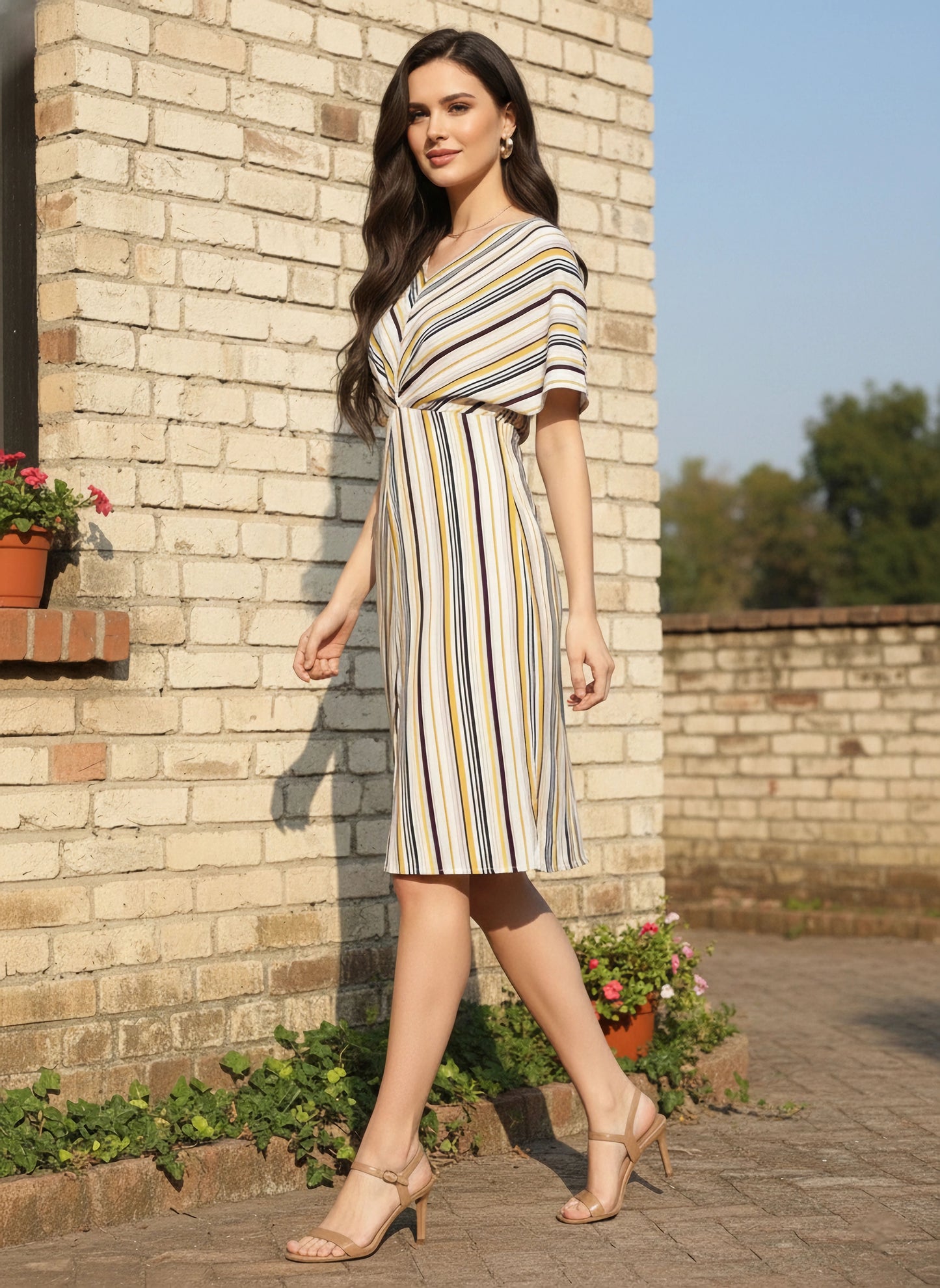 Berrylush Women Yellow & Off-White Stripe Printed V-Neck Front Slit Pleated A-Line Mini Dress