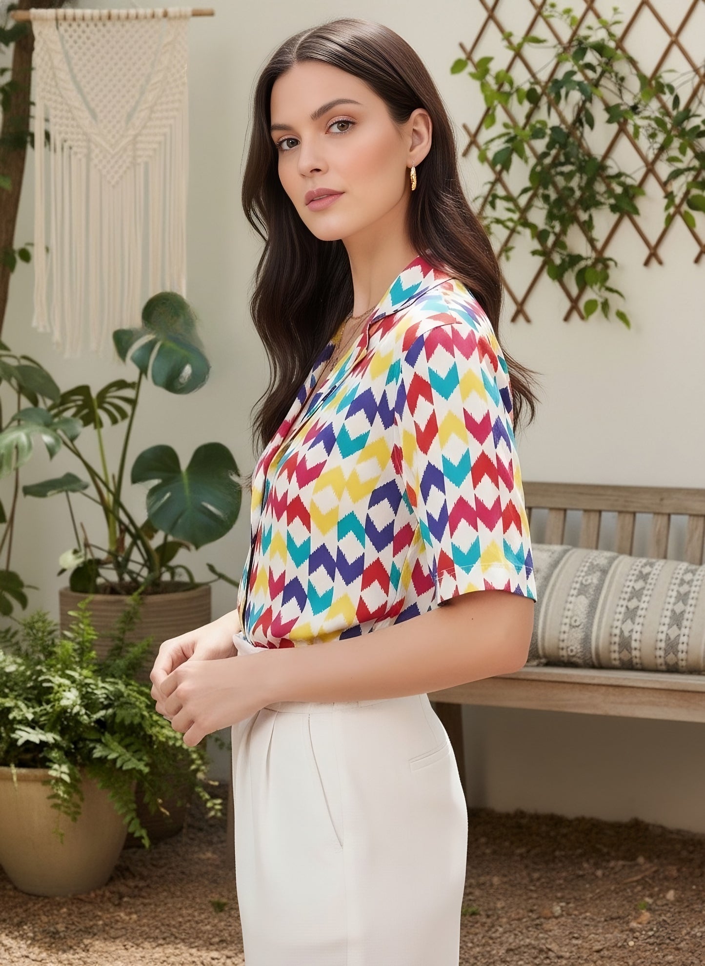 Berrylush BIZwear Women White & Multicolour Geometric Printed Collar Neck Front Button Regular Top