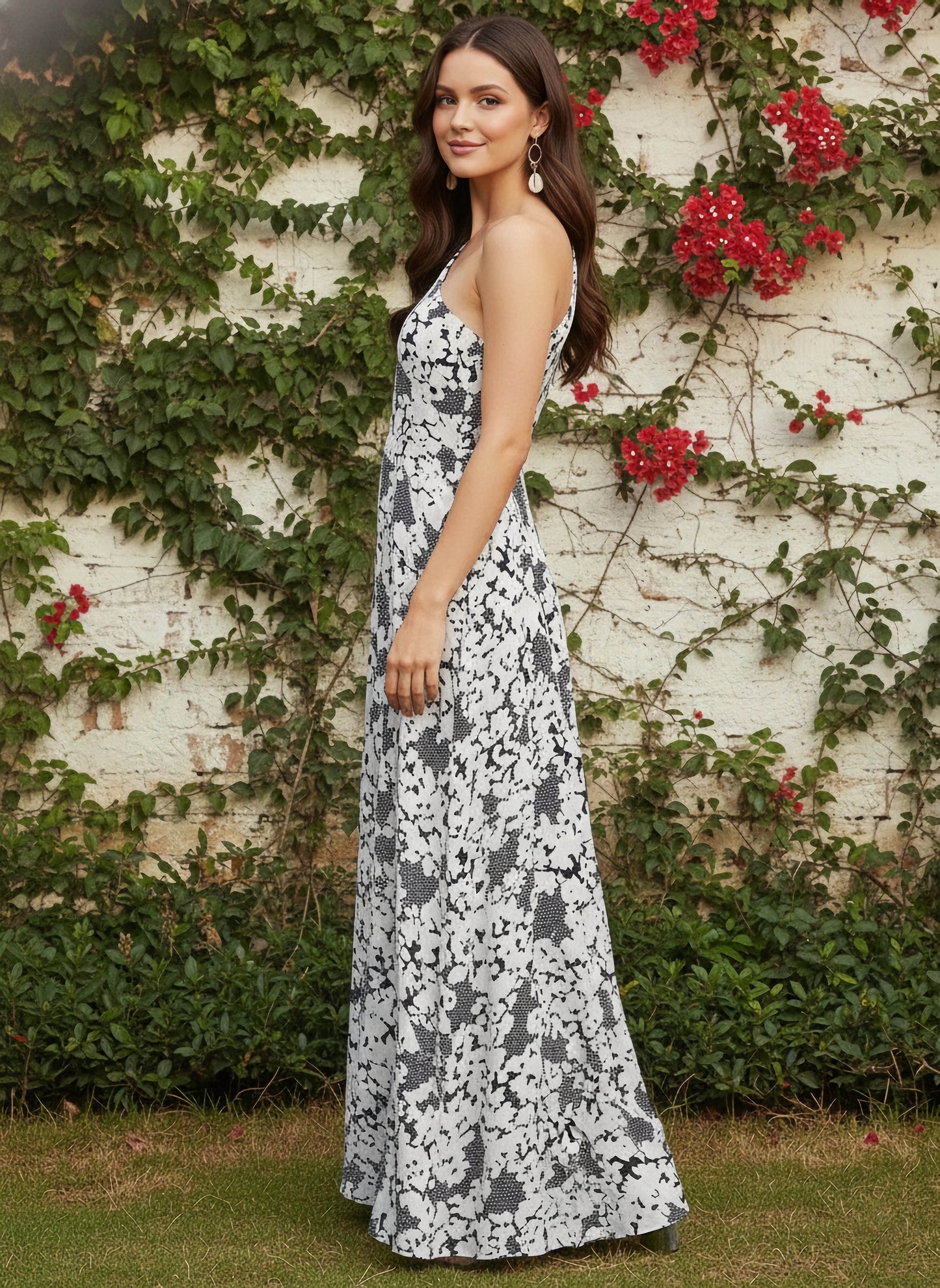 Berrylush Women Black & White Floral Printed One-Shoulder Flared Maxi Dress