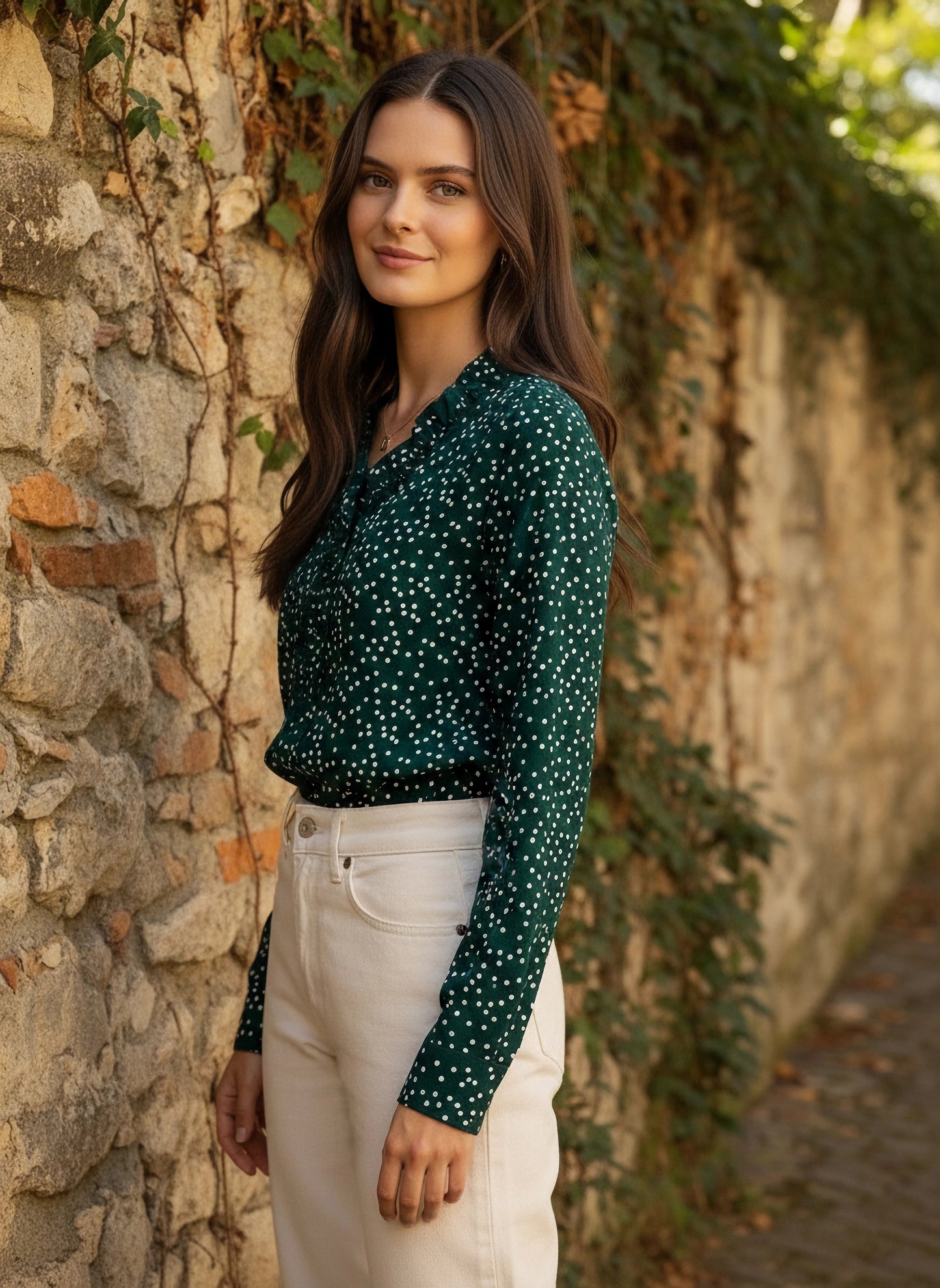Green & White Polka Dot Printed V-Neck Long Sleeves Pleated Regular Top