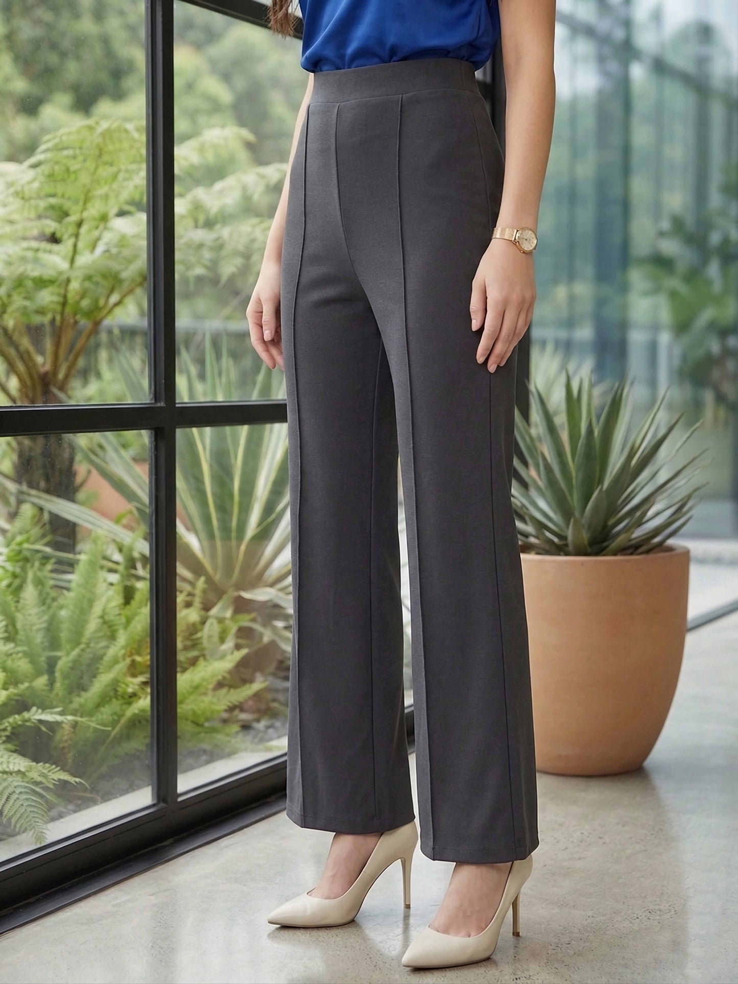 BIZwear Solid Grey High-Rise Waist Slip-On Wide-Leg Flared Trousers