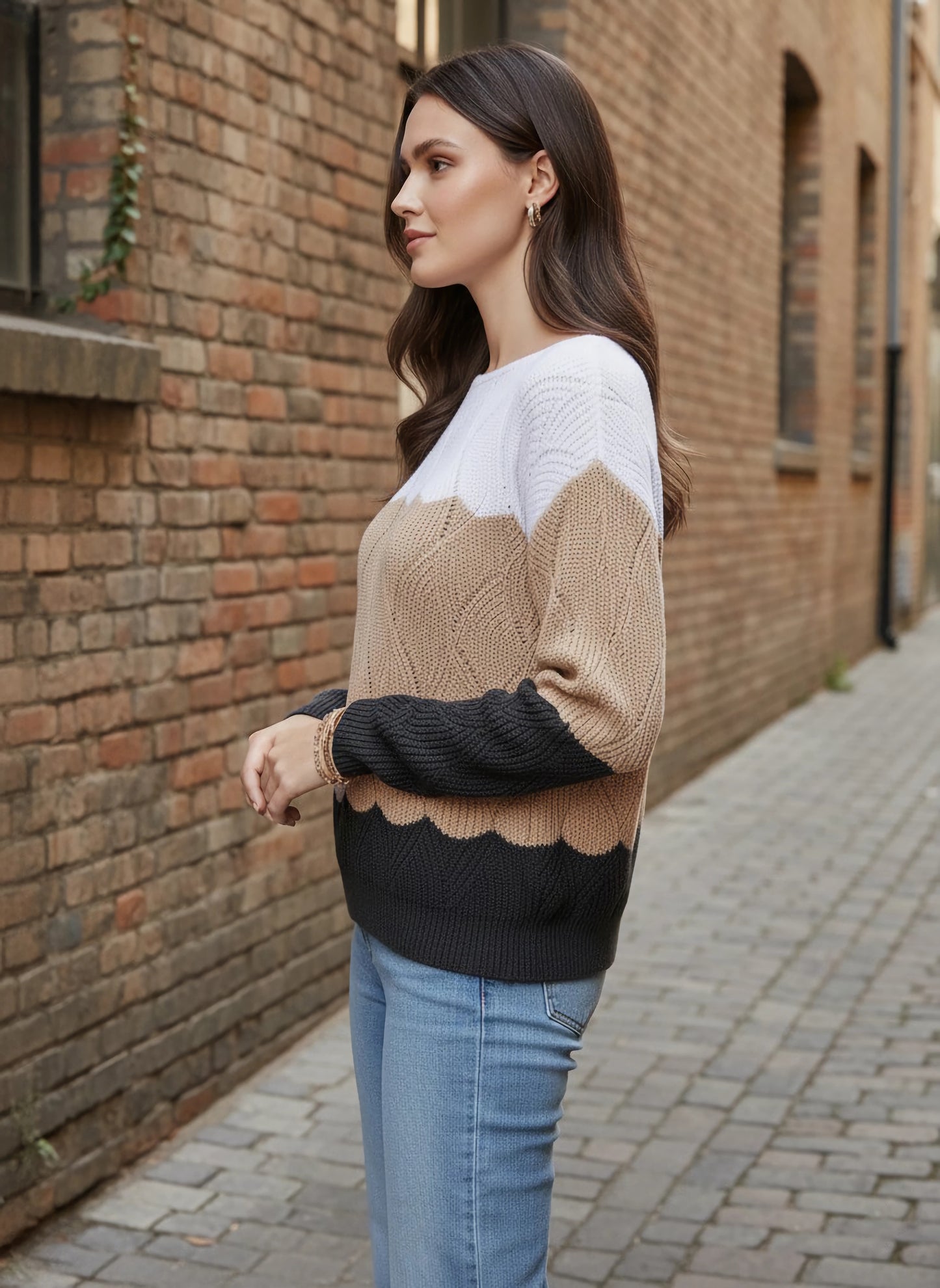 Berrylush Women White, Beige, & Black Colourblocked Pattern Boat Neck Drop-Shoulder Sleeves Ribbed Hem Regular Sweater