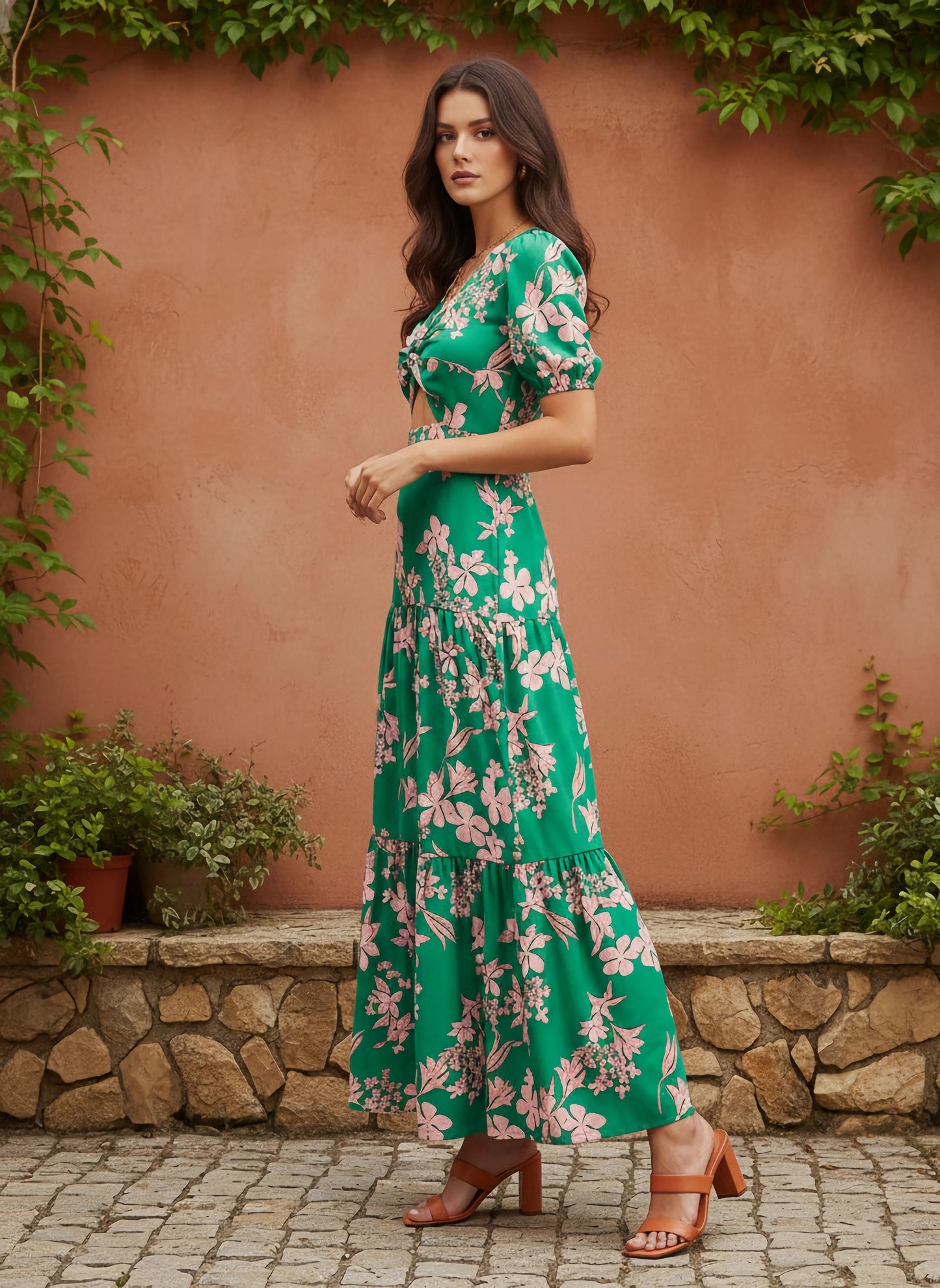Berrylush Women Green & Pink Floral Printed V-Neck Puff Sleeve Front Cutout Ruffled A-Line Maxi Dress