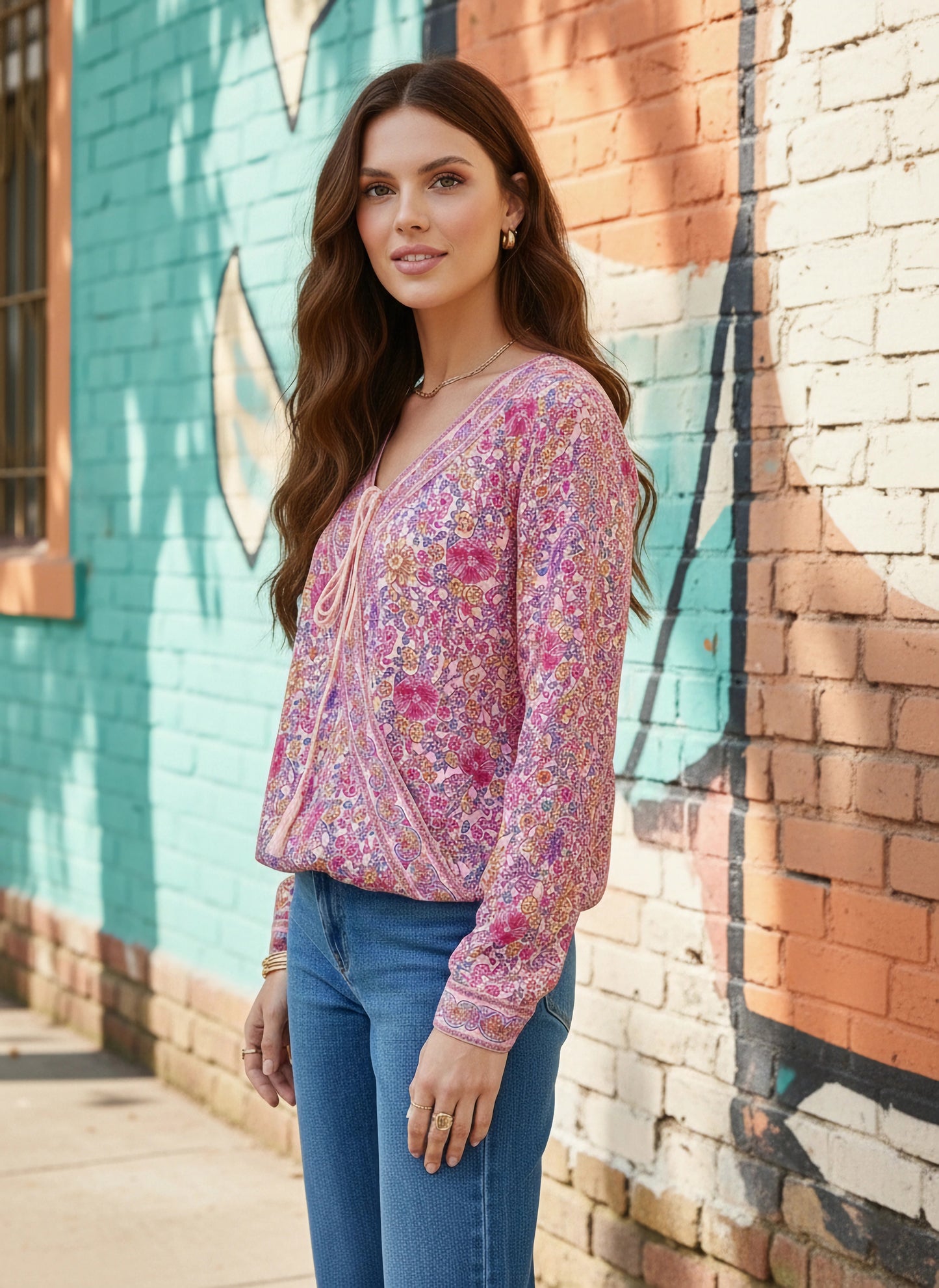 Pink & White Floral Printed V-Neck Front Tie-Up Polyester Wrap Regular Top